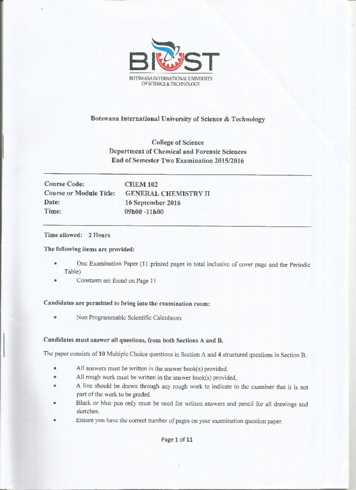 CHEM 102 EXAM 2016 - test - general chemistry II - Studocu