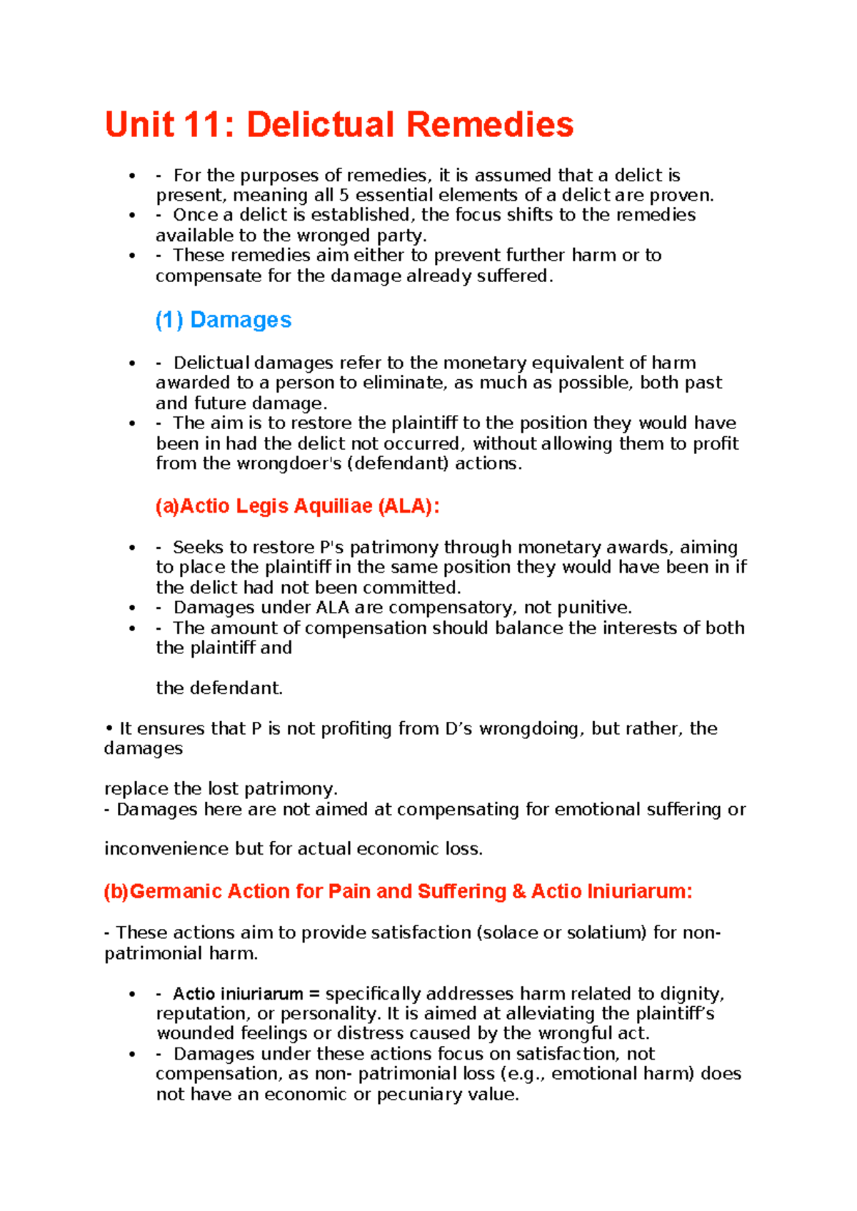 Unit 11+12: Comprehensive Analysis of Delictual Remedies - Studocu
