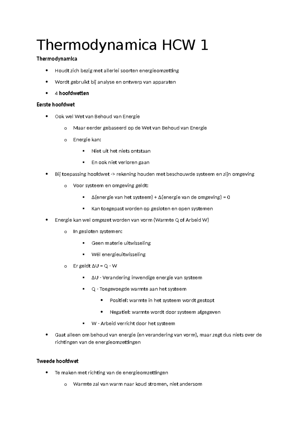 Hoorcollege 1: Samenvatting Thermodynamica HCW 1 - Studeersnel