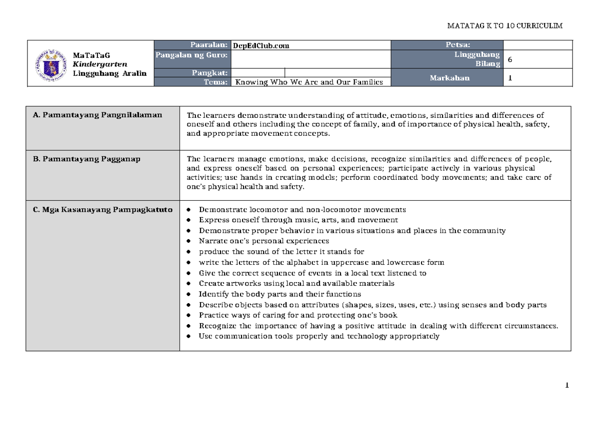 MATATAG K TO 10 CURRICULUM DLL Kindergarten Q1 W6: Knowing Ourselves ...