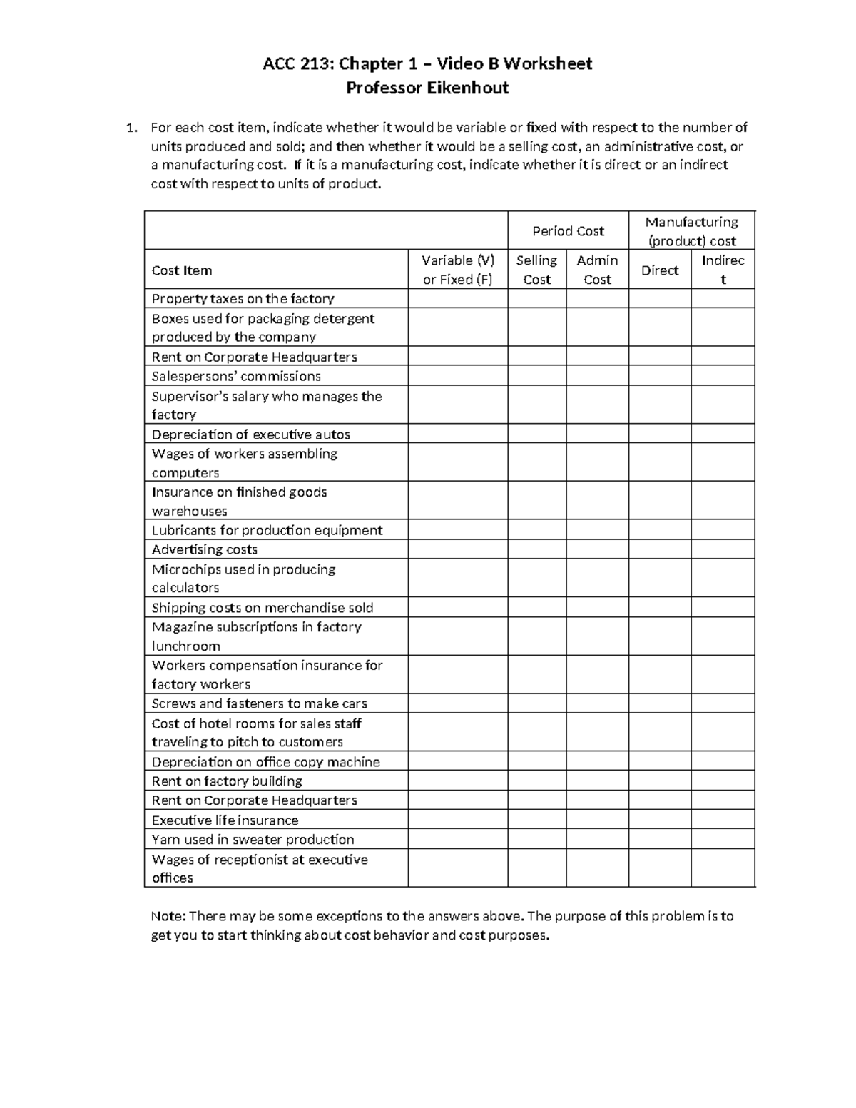 ACC 213: Chapter 1 - Video B Cost Behavior and Analysis Worksheet - Studocu
