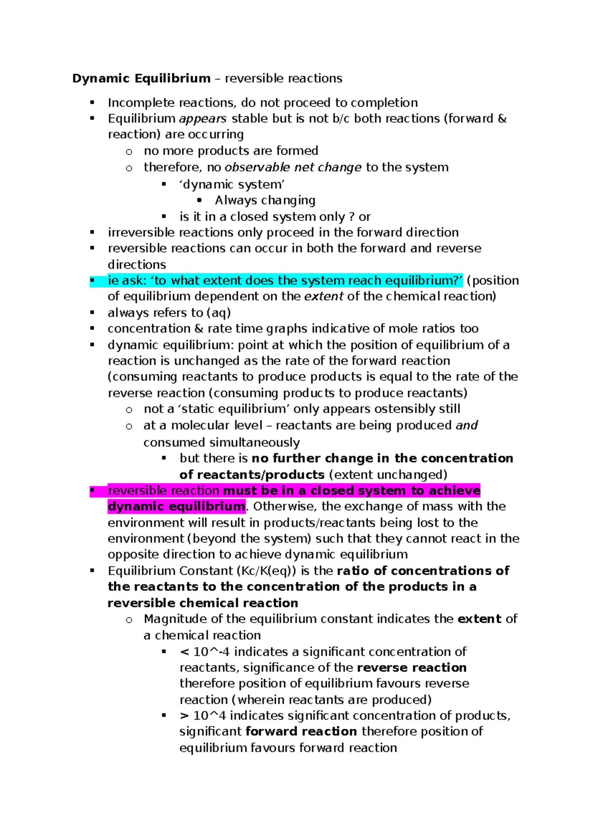 Dynamic Equilibrium in Reversible Reactions: W3 Notes - Studocu
