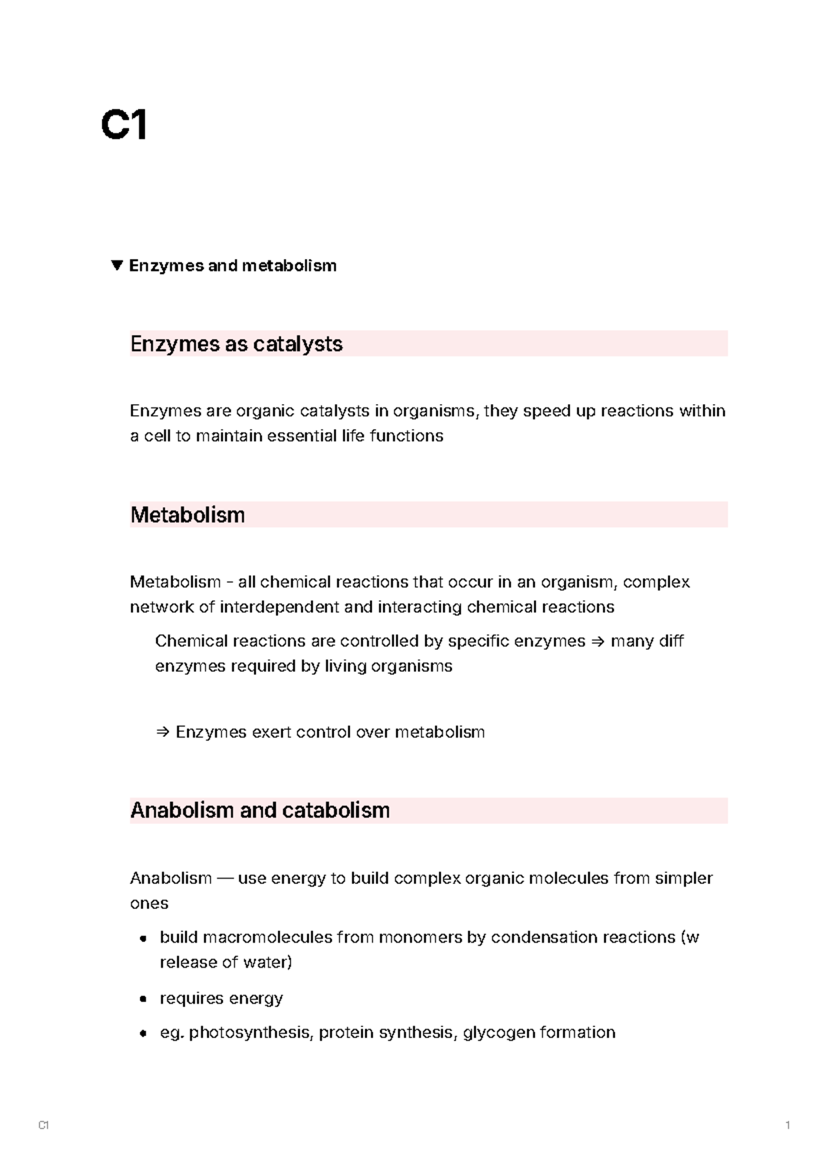 C1 - Enzymes and Metabolism: Key Concepts and Mechanisms Overview - Studocu