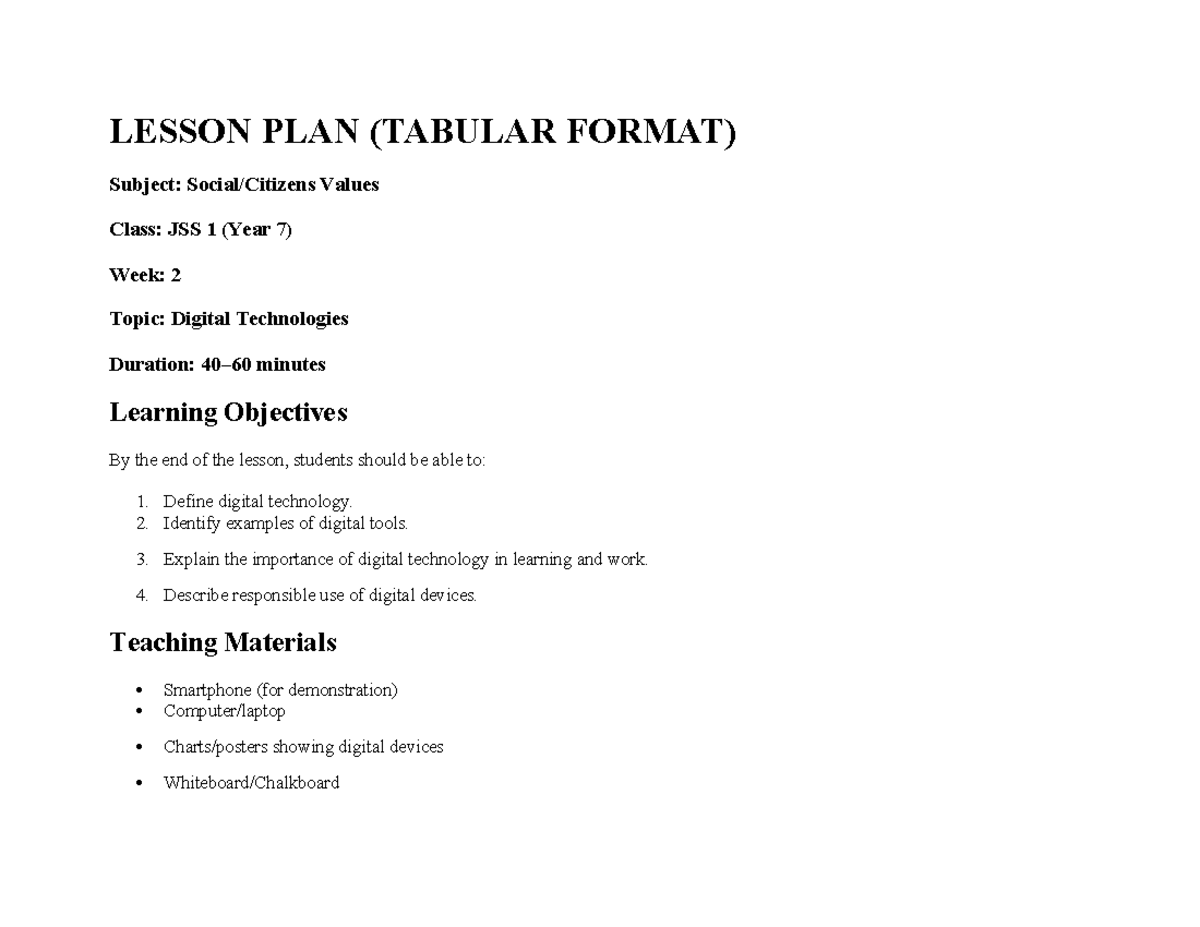 LESSON PLAN: Digital Technologies - JSS 1 (WK 2) - Studocu