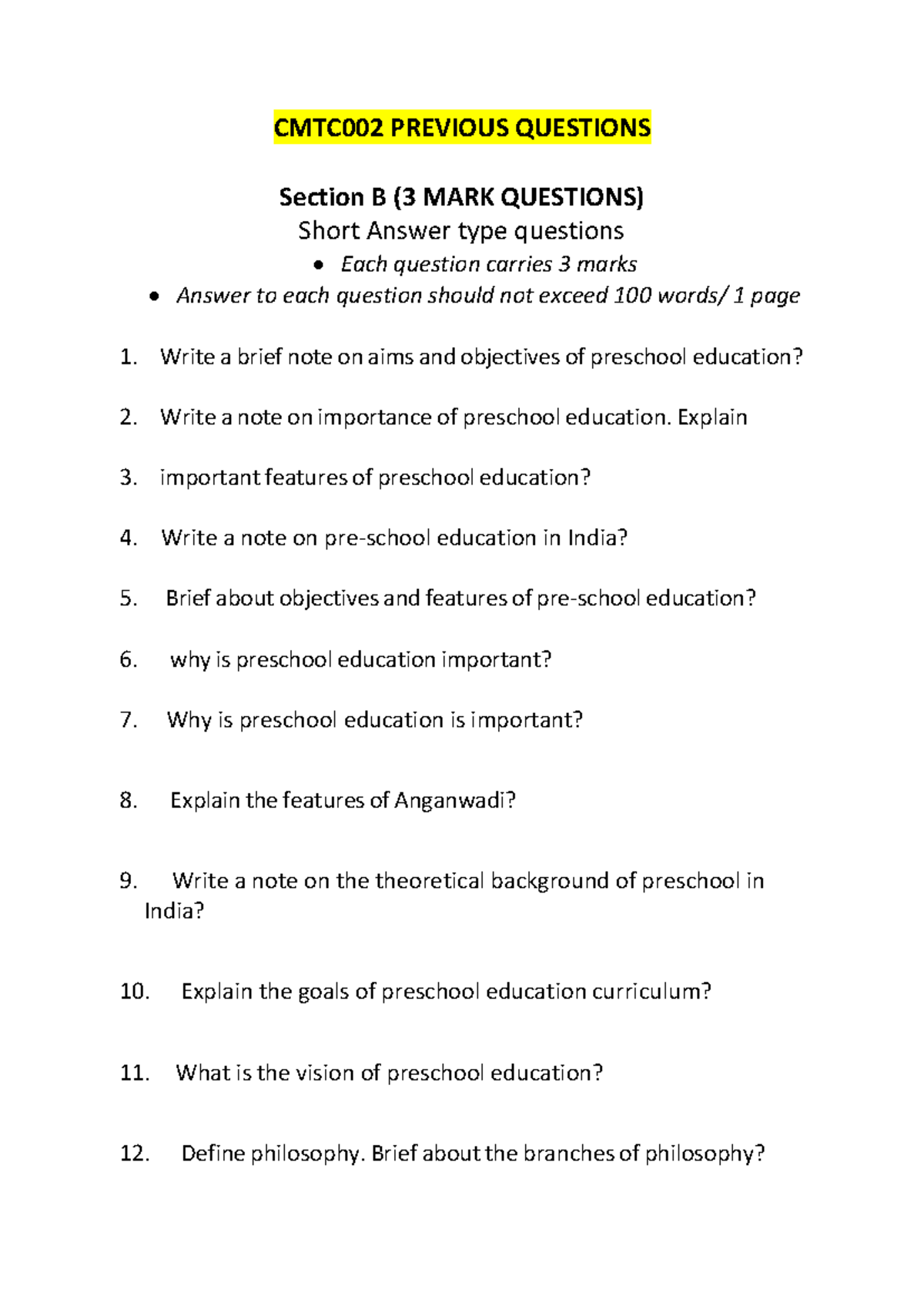 CMTC002 Previous Exam Questions: Preschool Education Analysis - Studocu