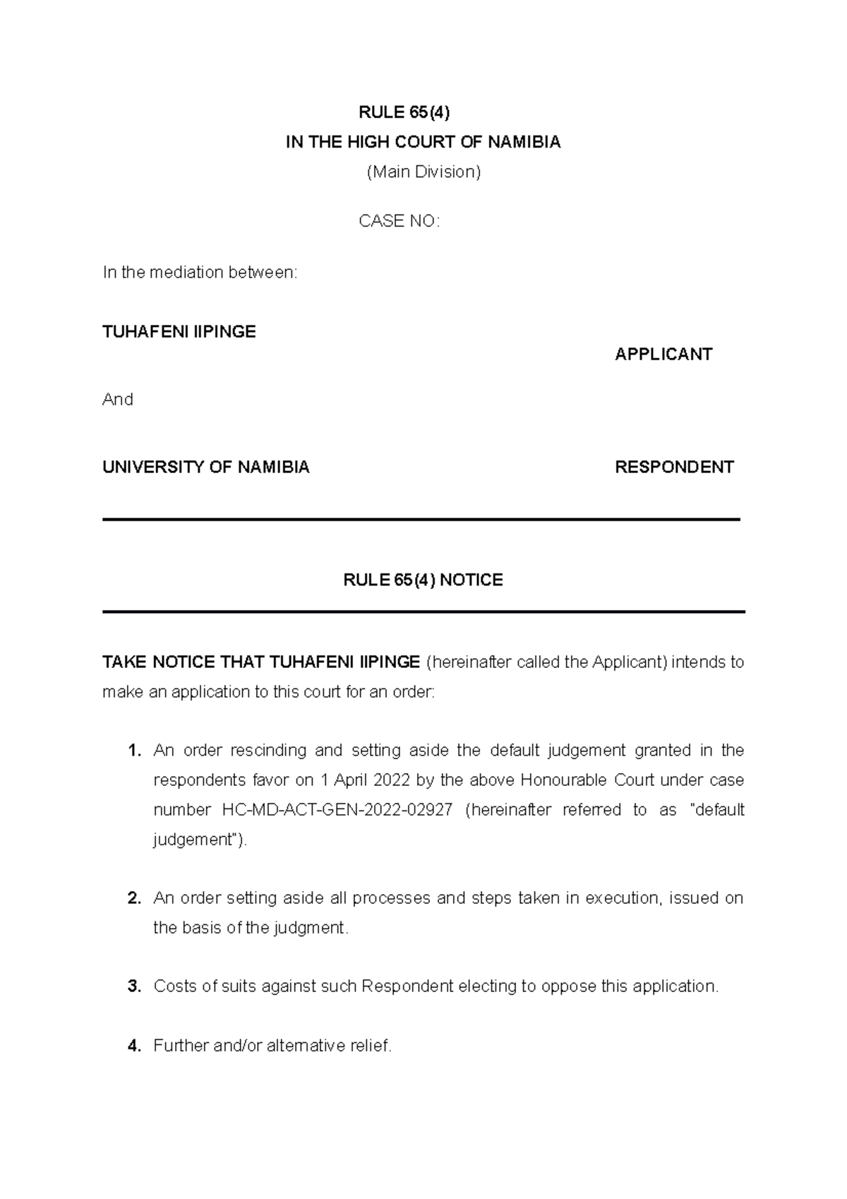 HC-MD-CIV-ACT-GEN- Legal Drafting Assignment: Rule 65(4) and Affidavit ...