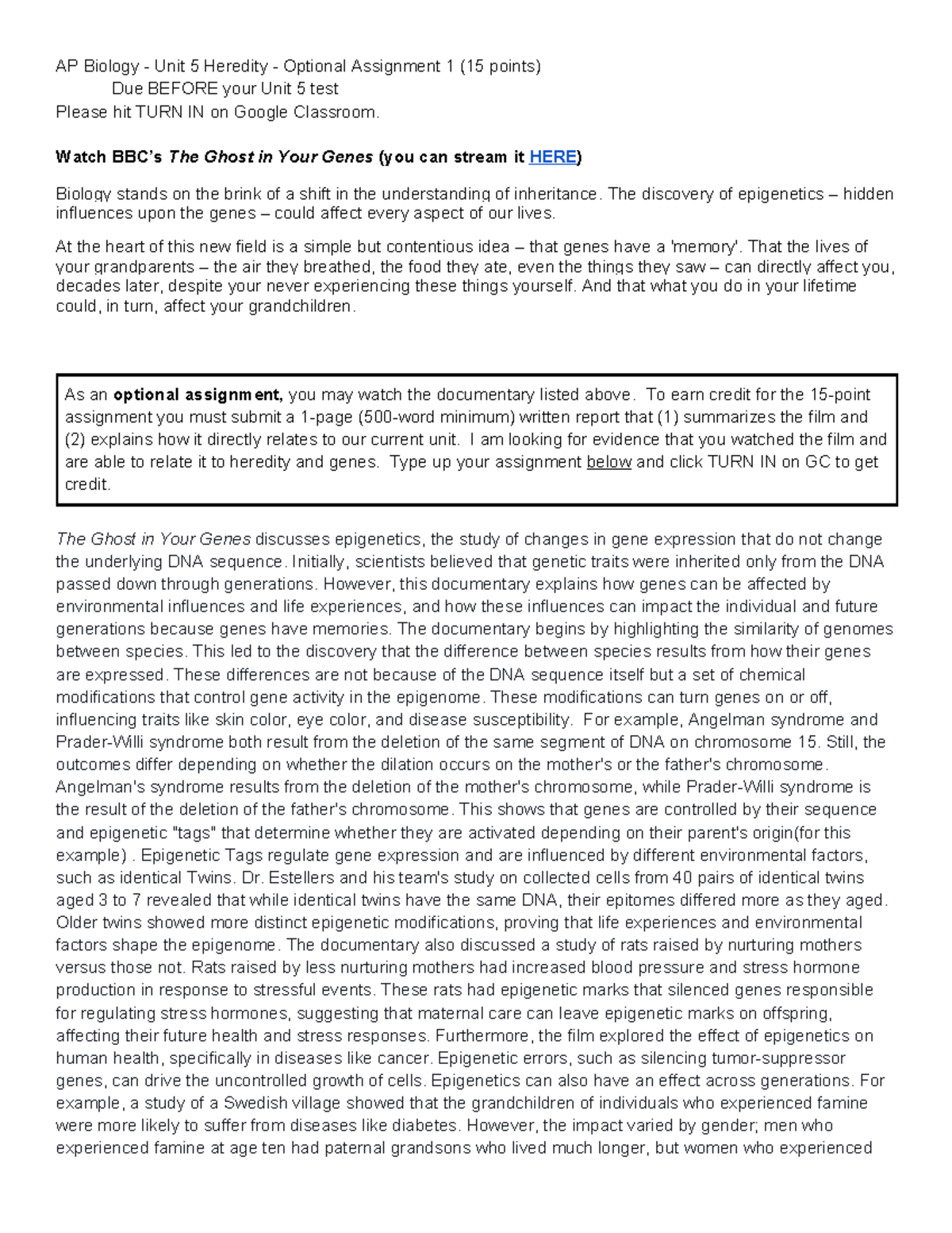 AP Biology - Optional Assignment: Insights from 