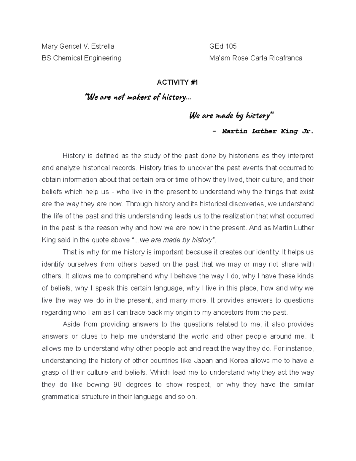 GEd 105: Reflection on History Assignment - A1 Estrella - Studocu