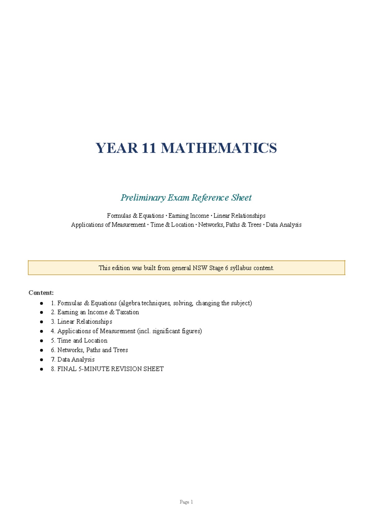YEAR 11 MATHEMATICS Preliminary Exam Revision Sheet: Key Formulas ...