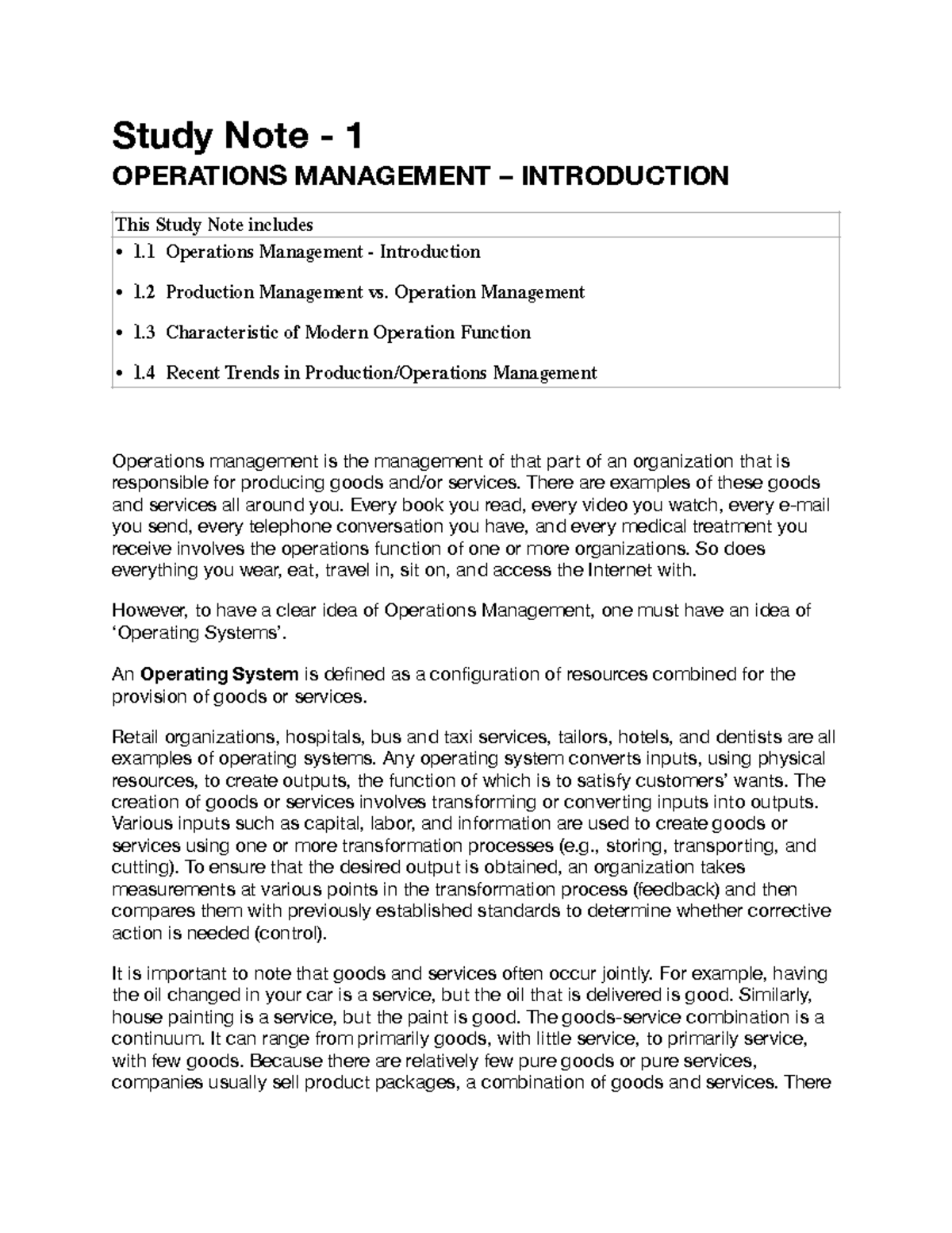 OPM-Note1 - Study Note - 1 OPERATIONS MANAGEMENT – INTRODUCTION 1 ...