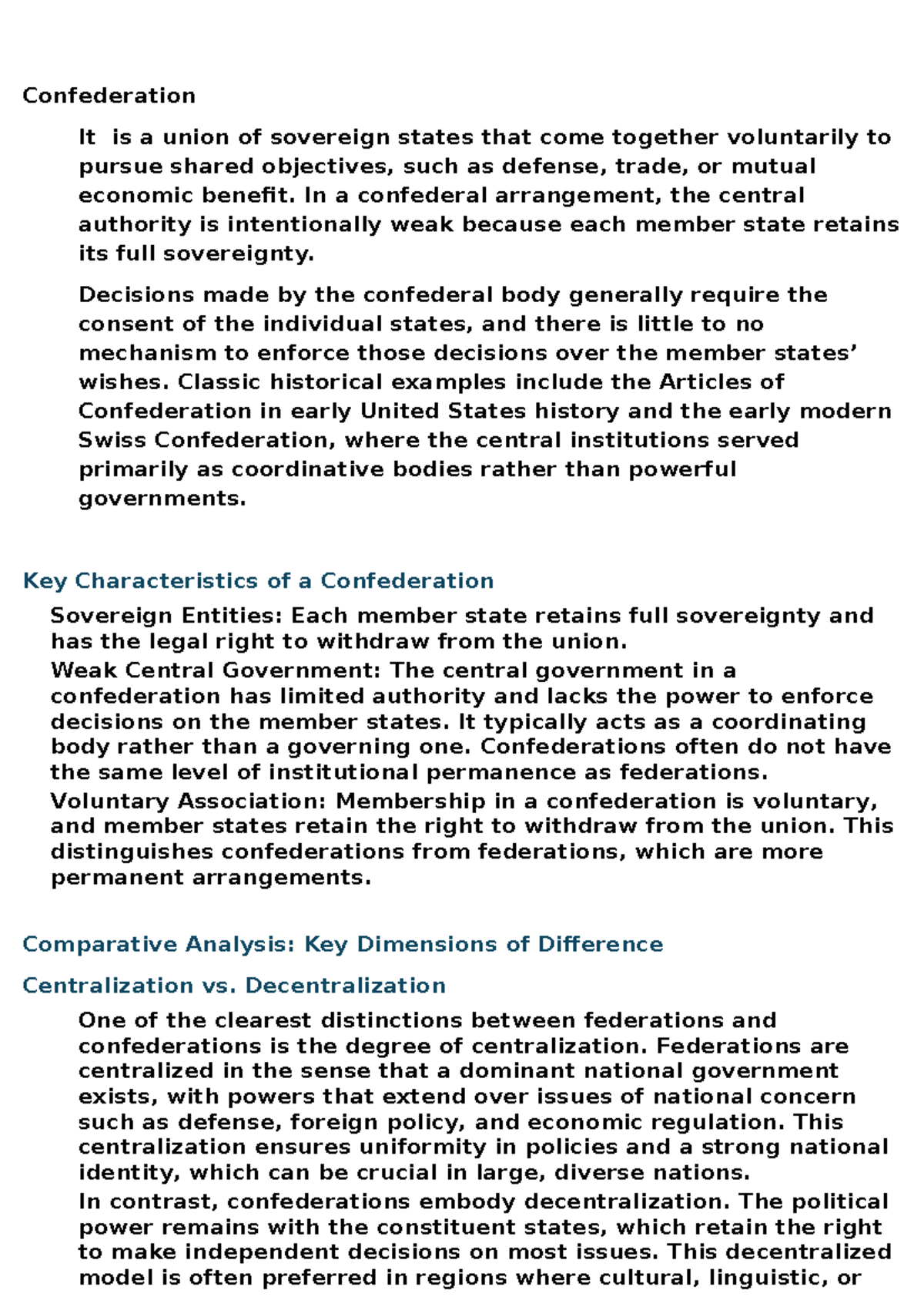 Confederation vs. Federation: Key Differences and Characteristics - Studocu