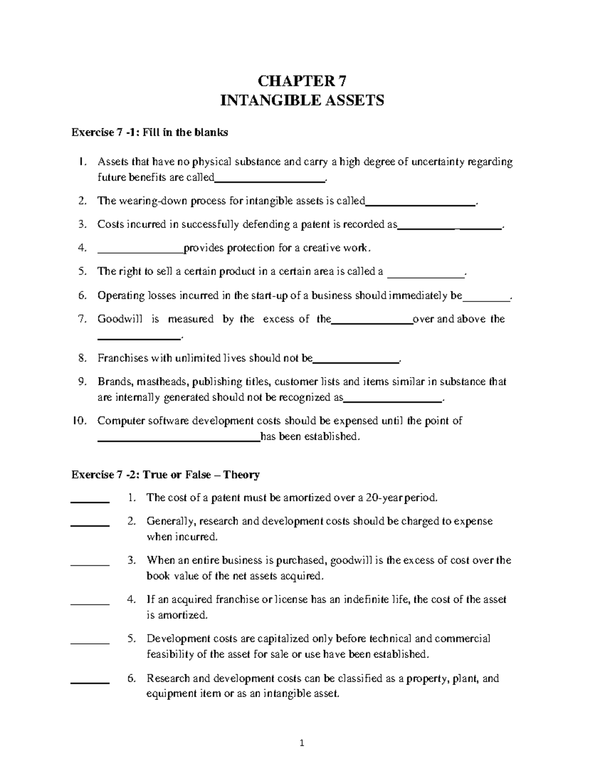 Chapter 7 Exercises on Intangible Assets T1AY2324-1 - Studocu