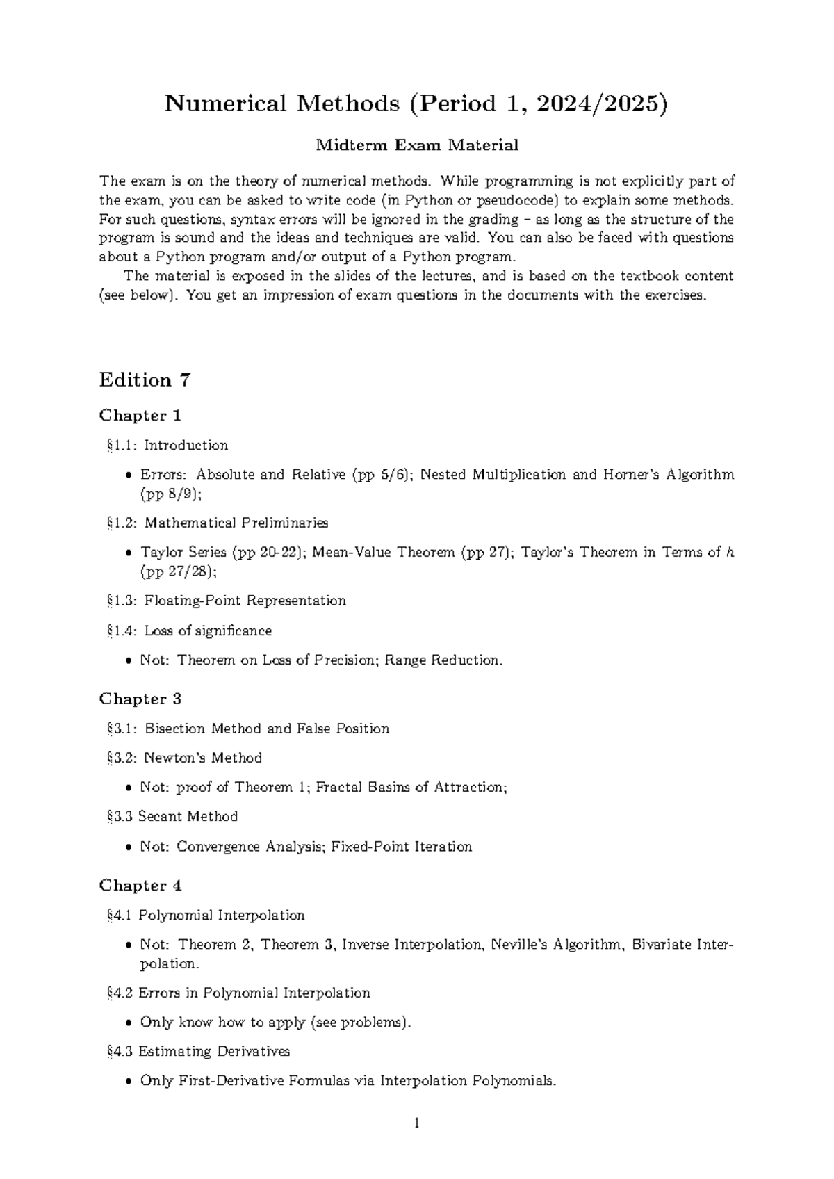 Numerical Methods Midterm Exam Material (Period 1, 2024/2025) - Studeersnel