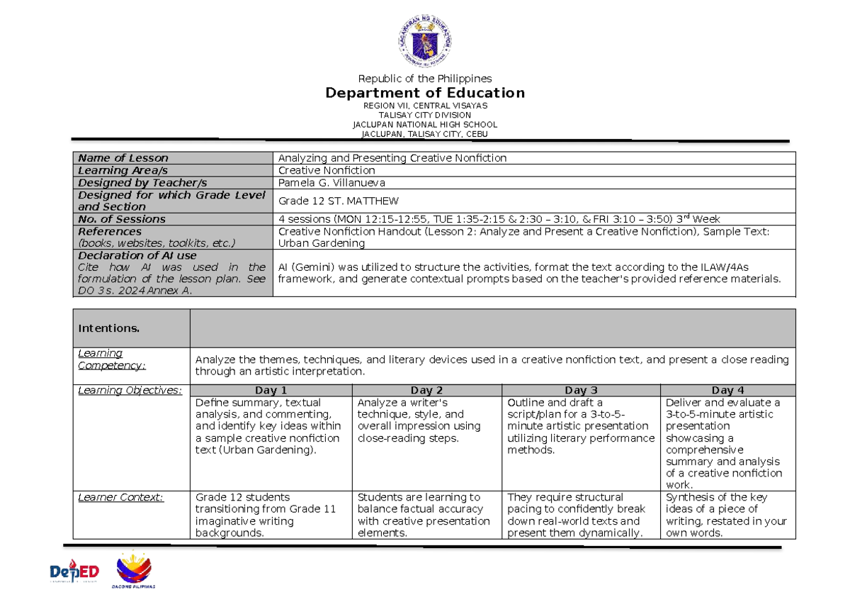 Grade 12 Lesson Plan: Analyzing & Presenting Creative Nonfiction - Studocu