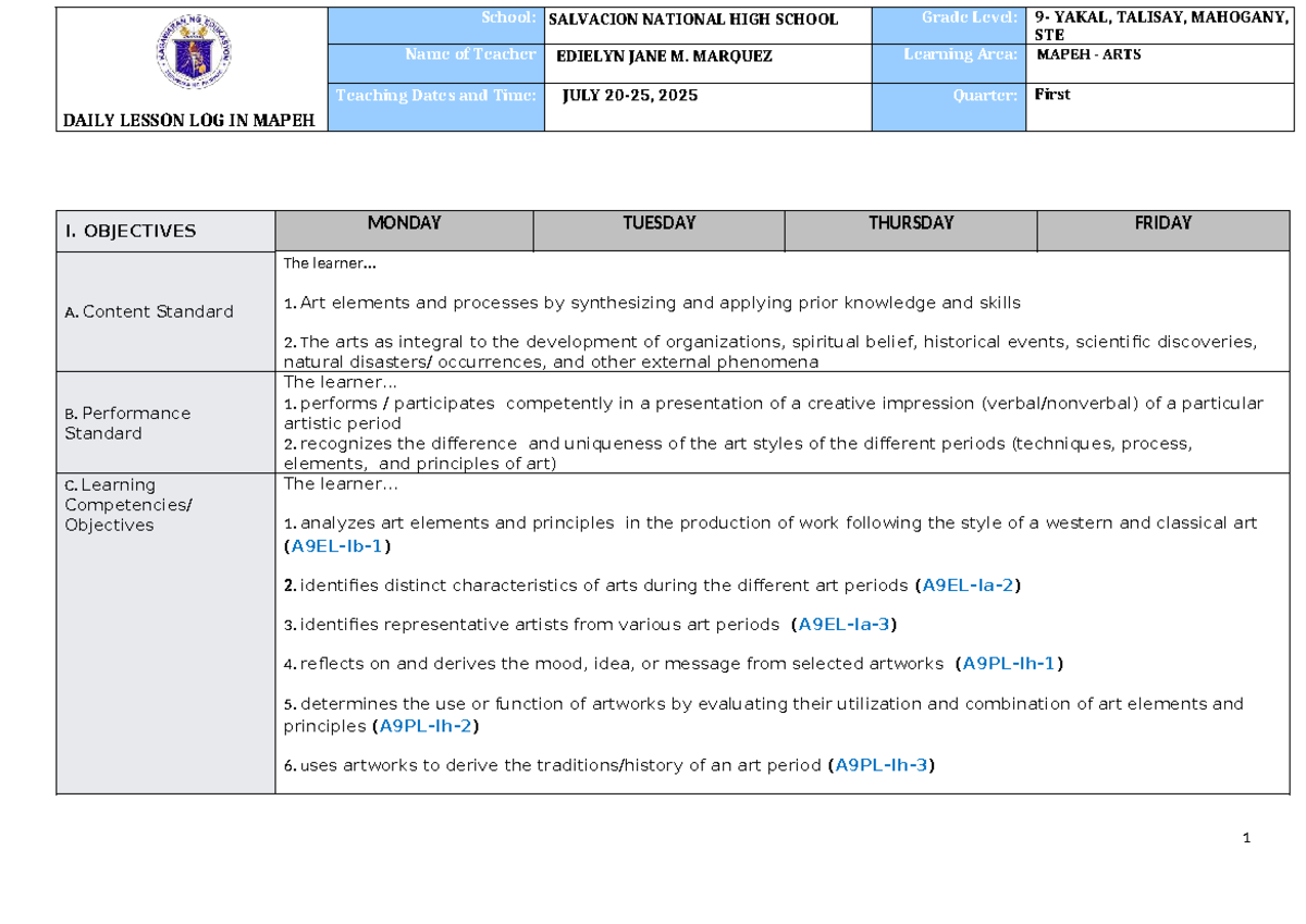 DLL MAPEH ARTS 9 Q1 W1 - Daily Lesson Log for Arts Education - Studocu