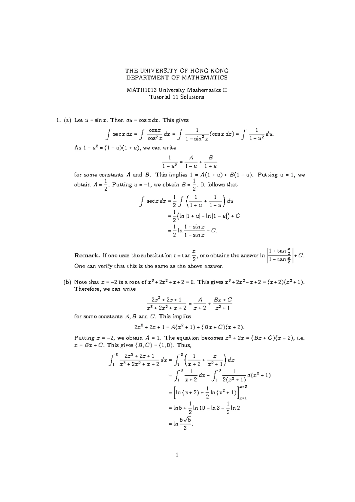 MATH1013 University Mathematics II Tutorial 10 Solutions and Errors ...