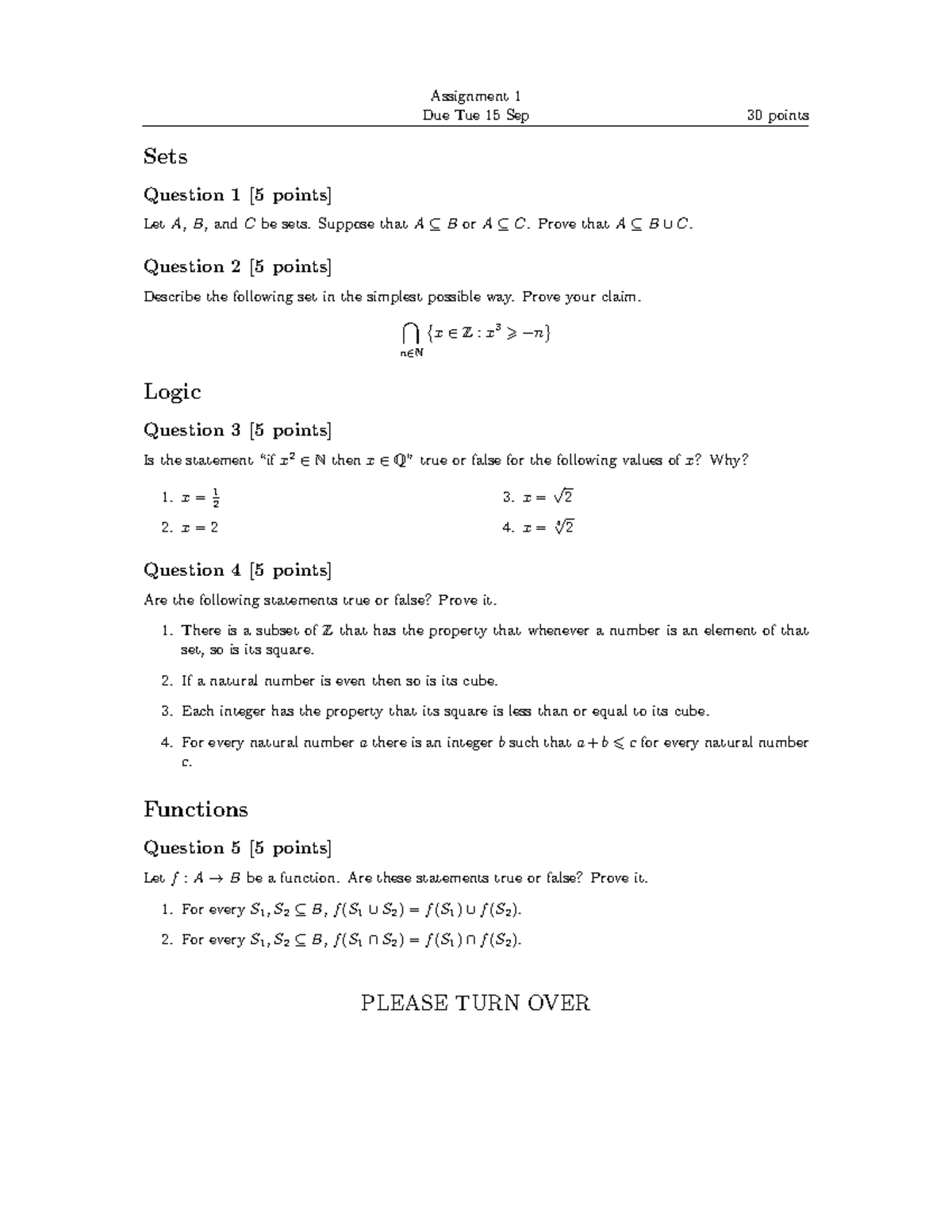 MATH421 F20 Assignment 1: Sets, Logic, and Functions Questions - Studocu