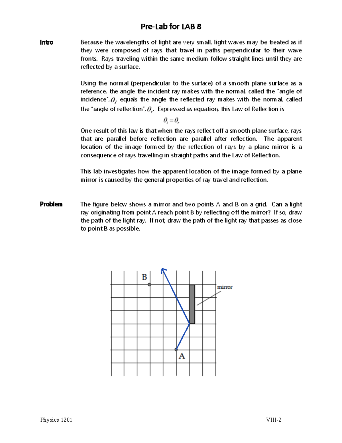 Pre-Lab 8 - Investigating Light Reflection in Physics 1201 - Studocu