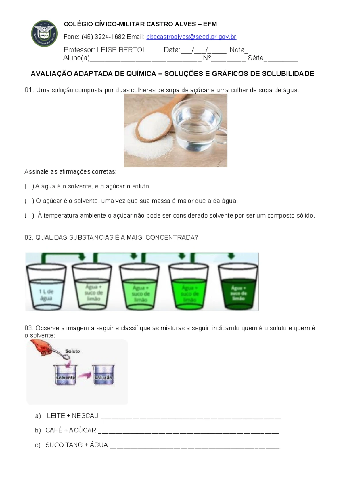 Avaliacao de quimica 1 ano 2 bim. 2 versao - AVALIAÇÃO DE QUÍMICA - 1 ...