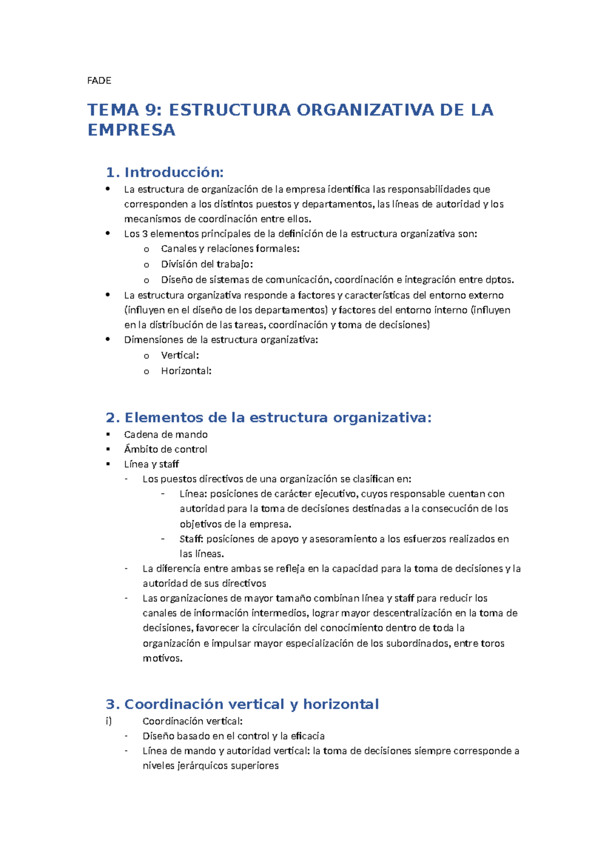 FADE T9: Estructura Organizativa de la Empresa - Resumen y Análisis ...