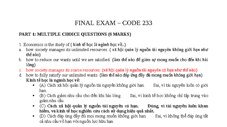 Ma de 233 - Giữa kỳ Micro - Final Exam Multiple Choice Questions - Studocu