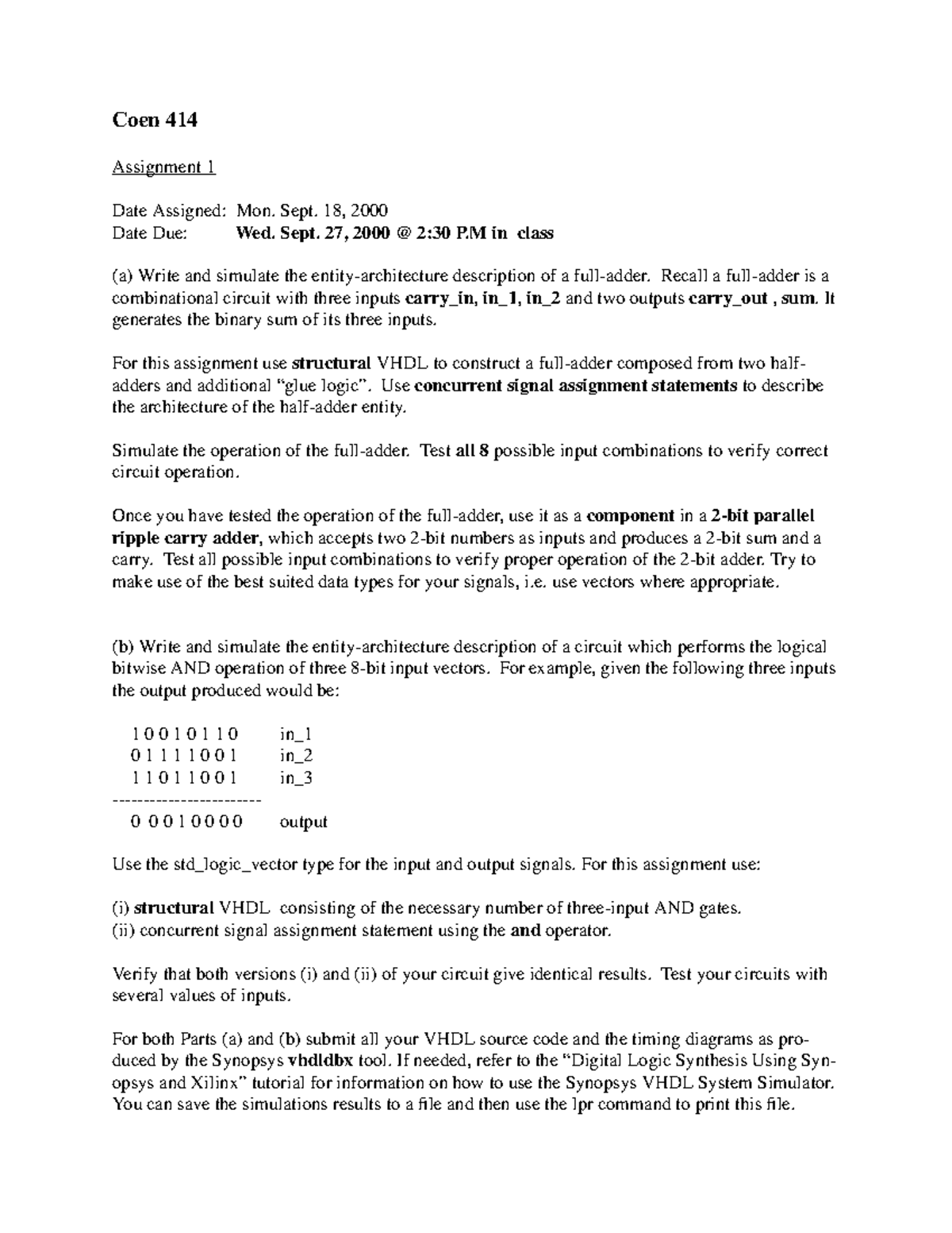 Coen 414 Midterm Assignment 1: VHDL Circuit Design & Simulation - Studocu