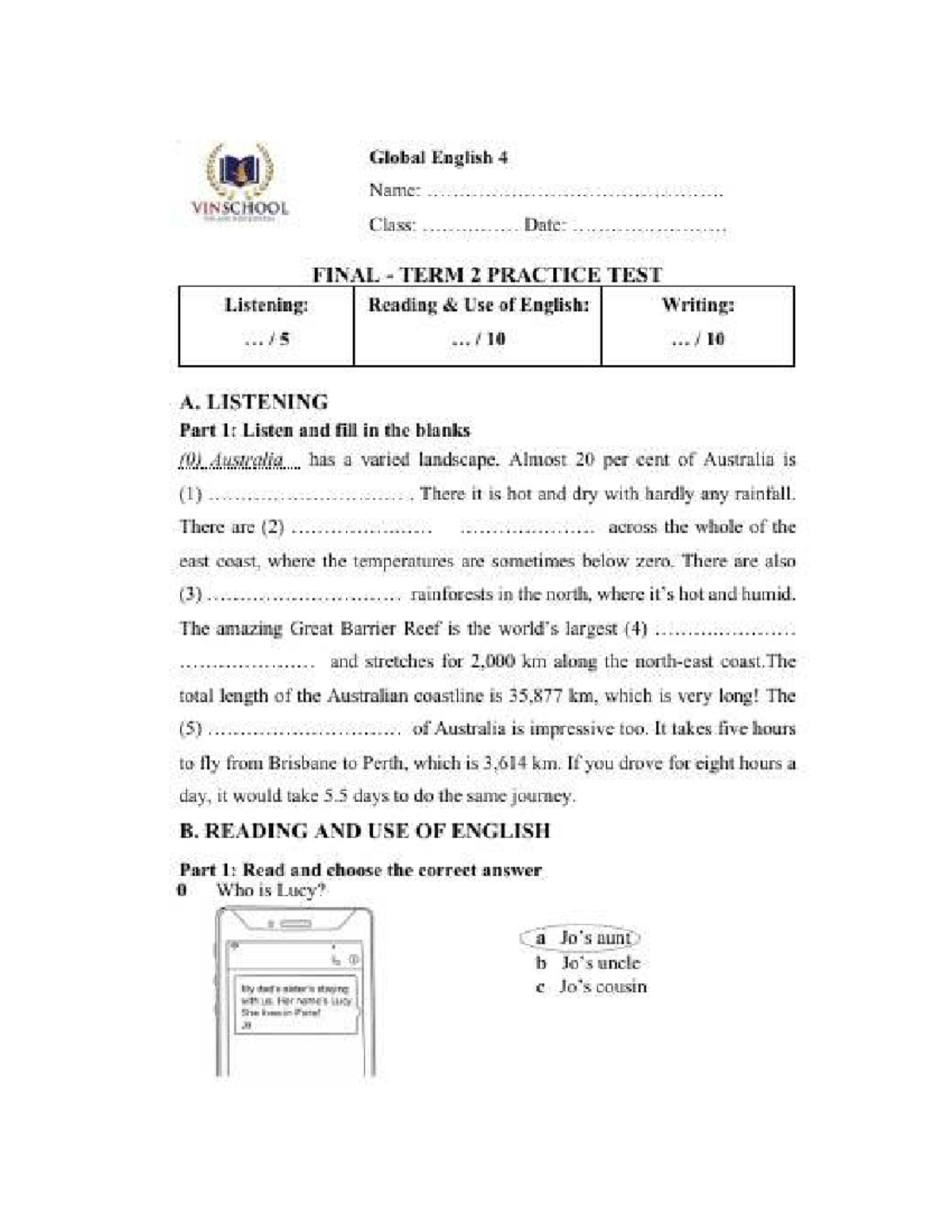 Global English 4 U11 Final Term I Practice Test: Listening & Reading ...
