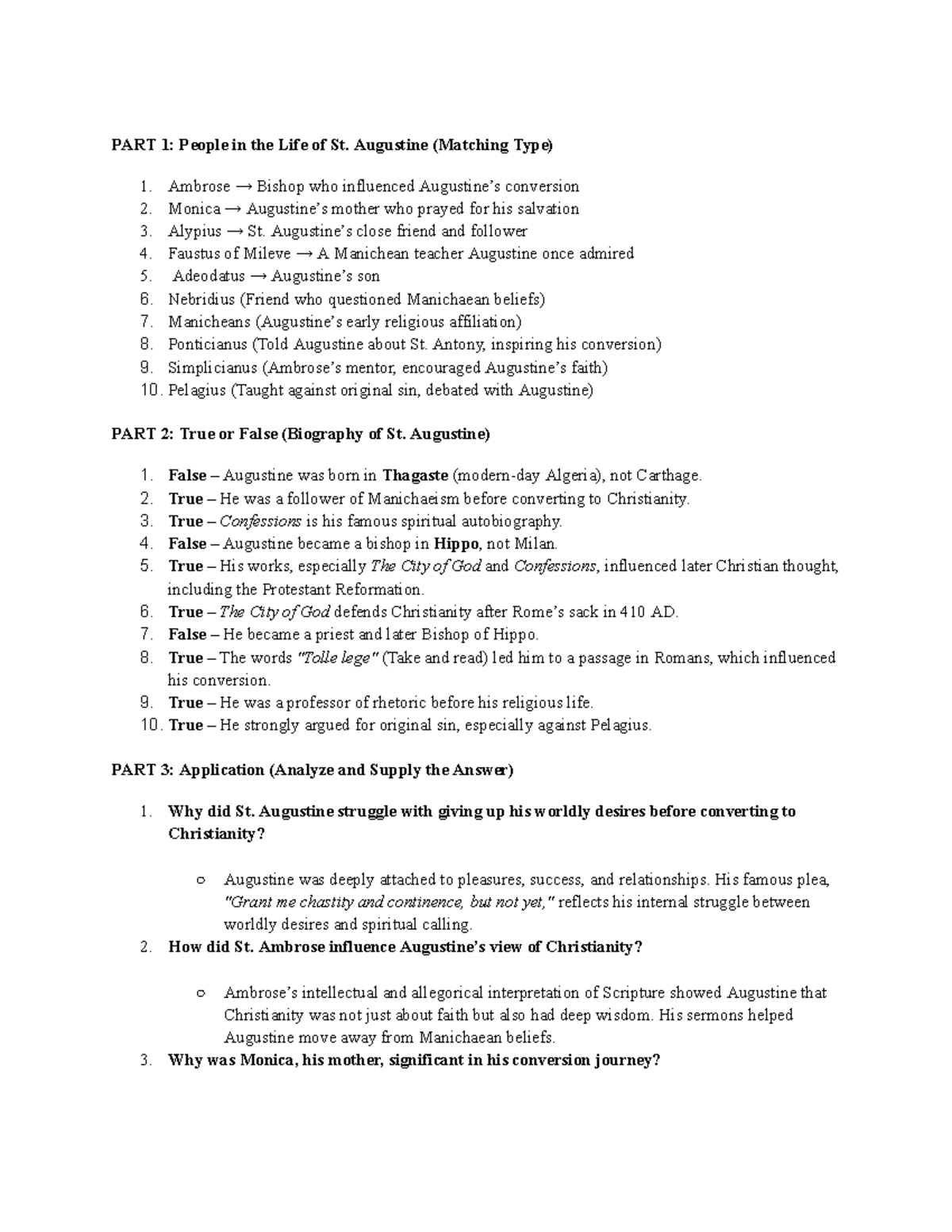 Sample theo question - PART 1: People in the Life of St. Augustine ...