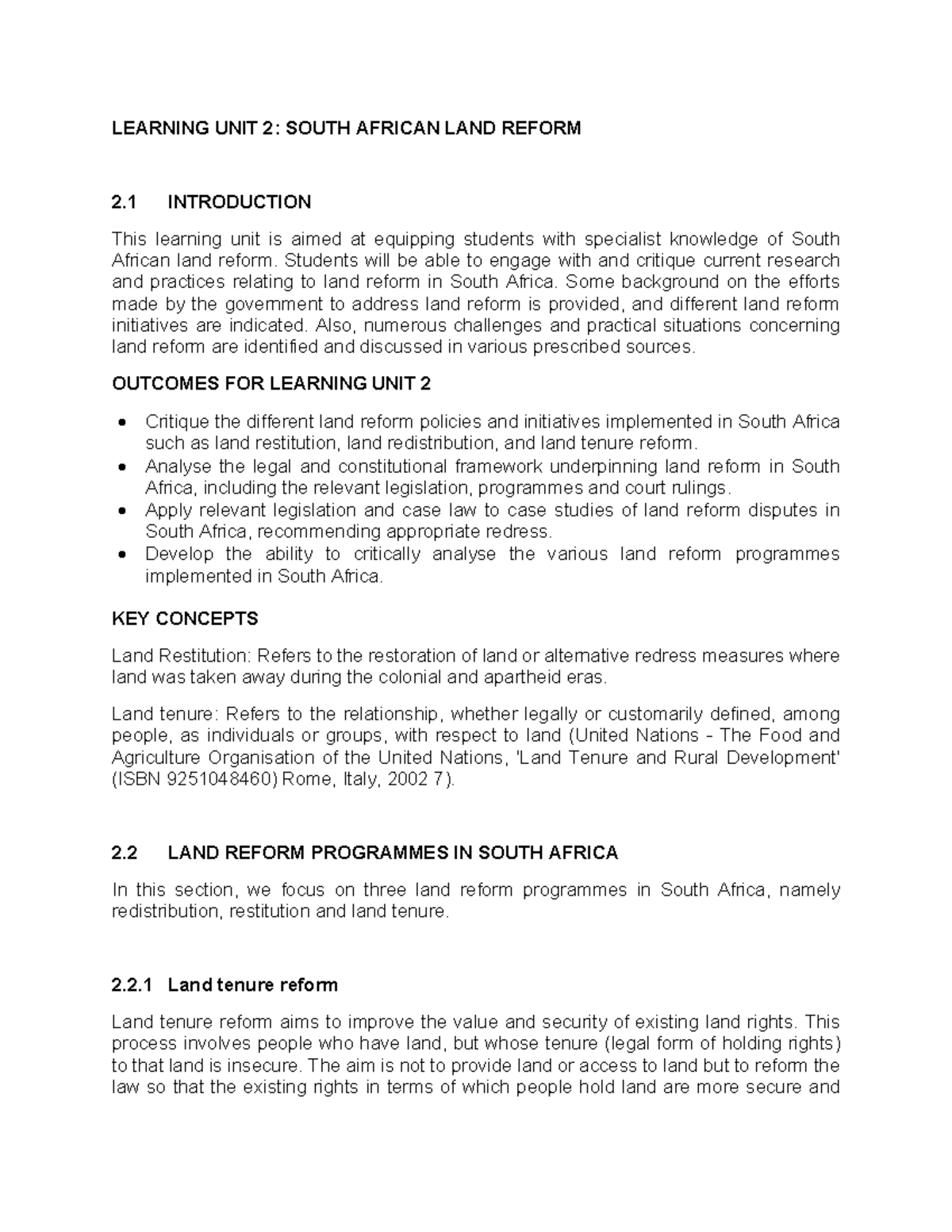 LEARNING UNIT 2: SOUTH AFRICAN LAND REFORM OVERVIEW AND ANALYSIS - Studocu