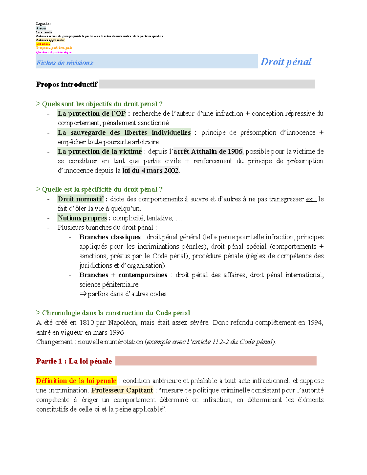 Fiche de révisions Droit Pénal - Partie 1 (Cours Code: DP101) - Studocu