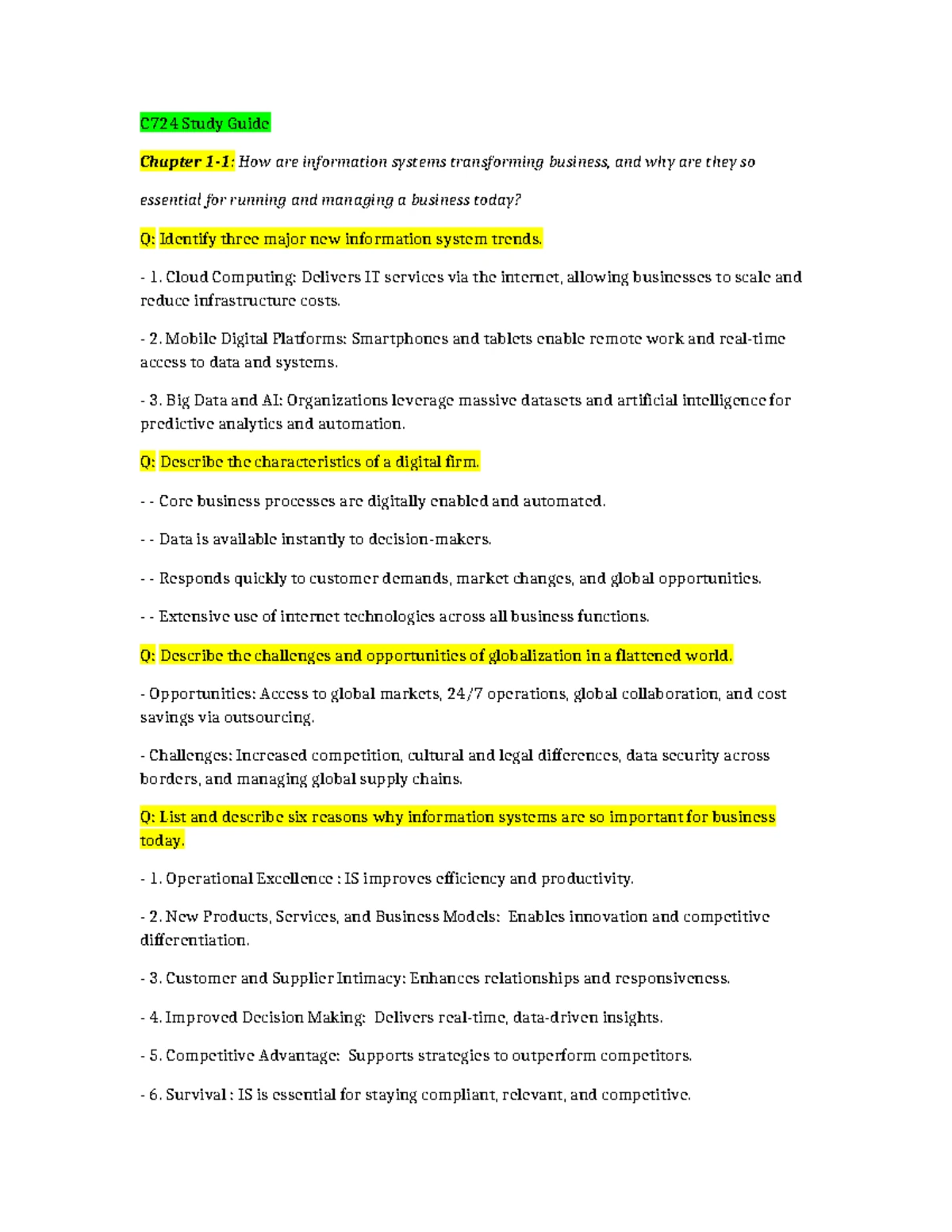 C724 Information Systems Management Study Guide - March 2023 - Studocu
