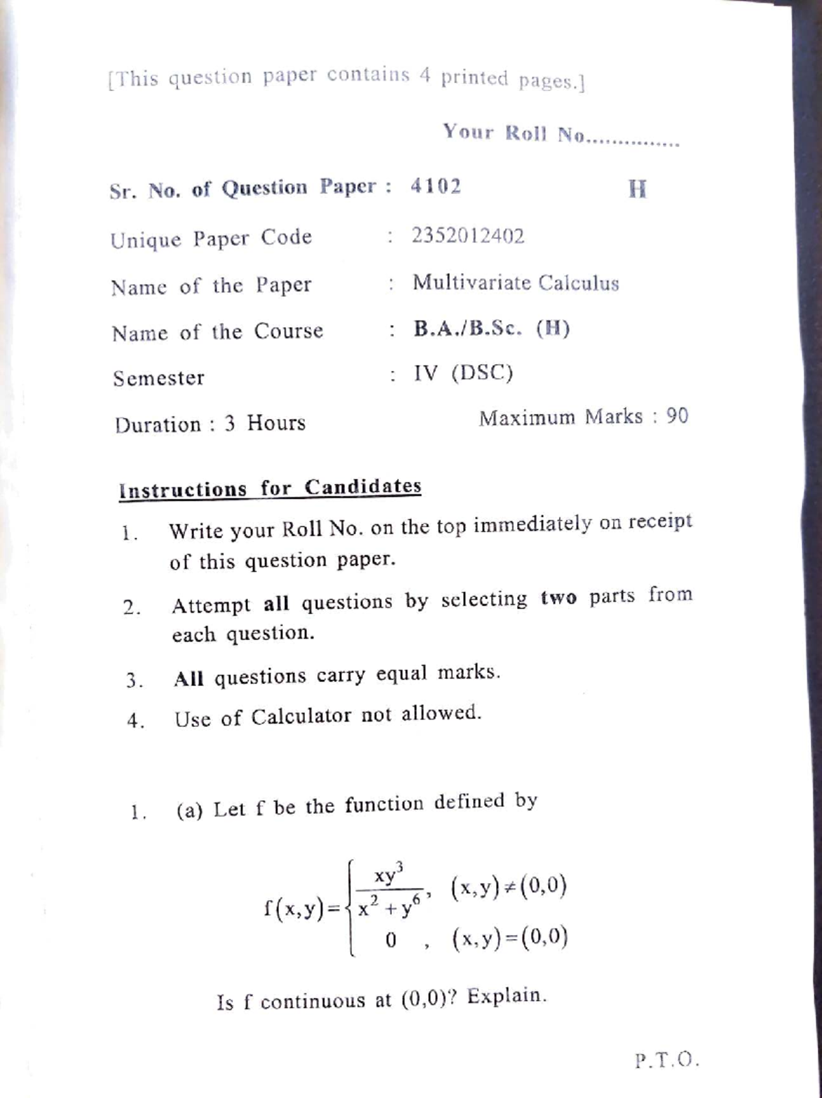 Multivariate Calculus (H) Sem IV Exam Paper 4102 - 2024 - Studocu