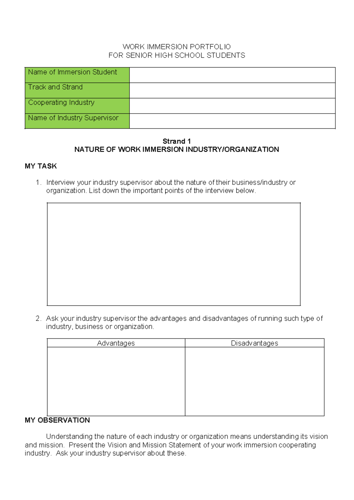 Senior High School Work Immersion Portfolio (SHS-WI) - Studocu