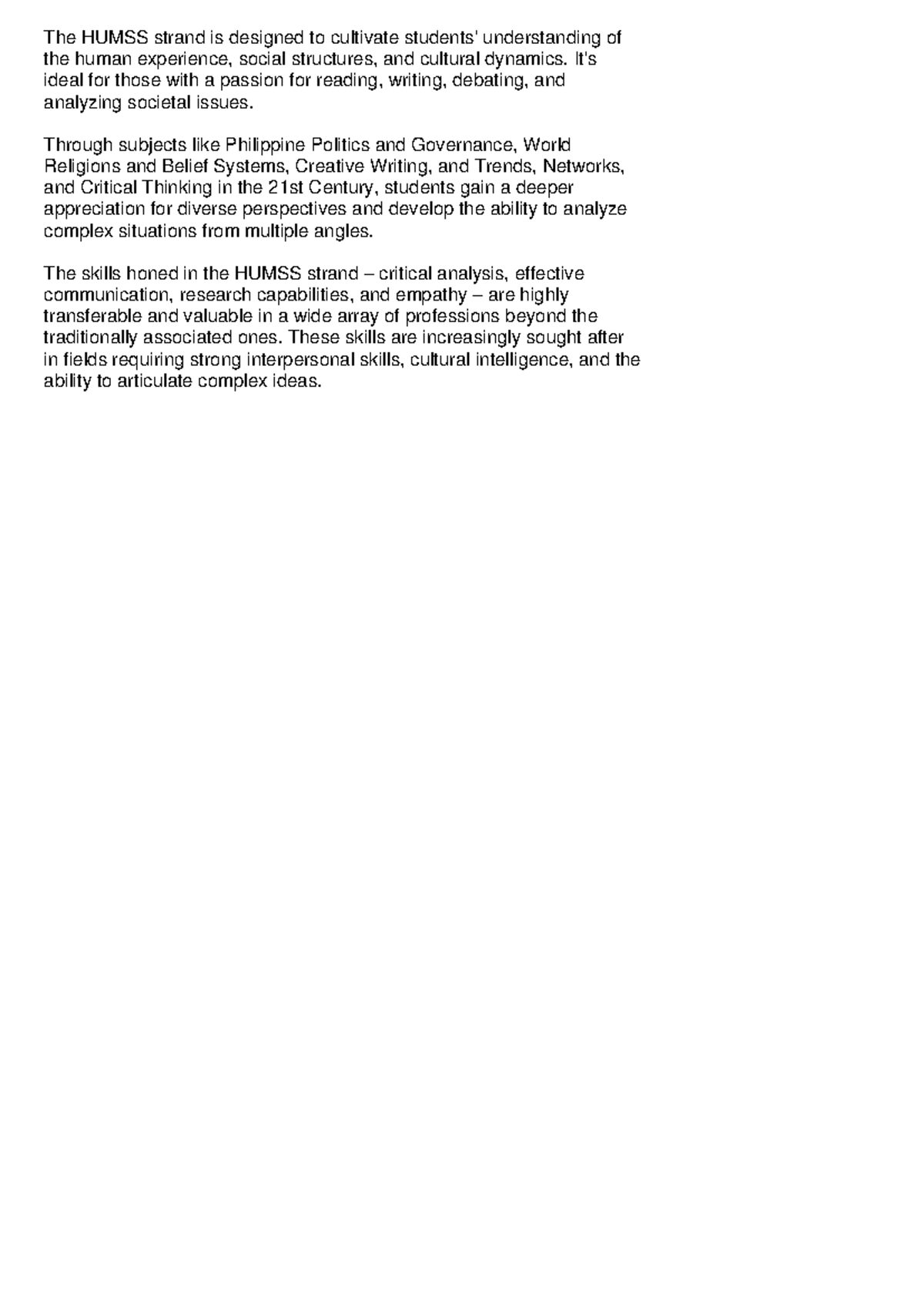 HUMSS Strand Overview: Skills & Subjects for Success - Studocu