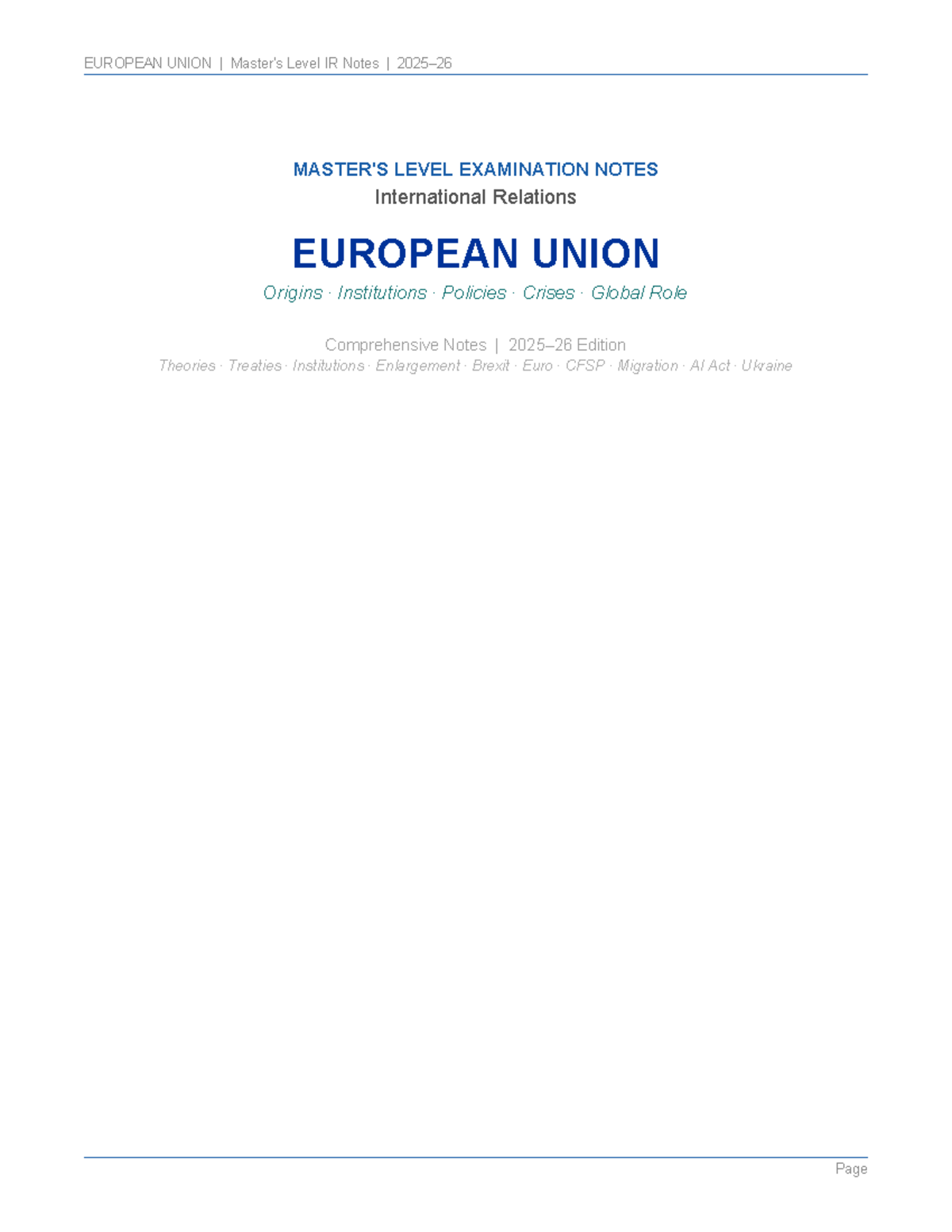 EU IR Masters Notes: Comprehensive Guide to EU Origins, Institutions ...