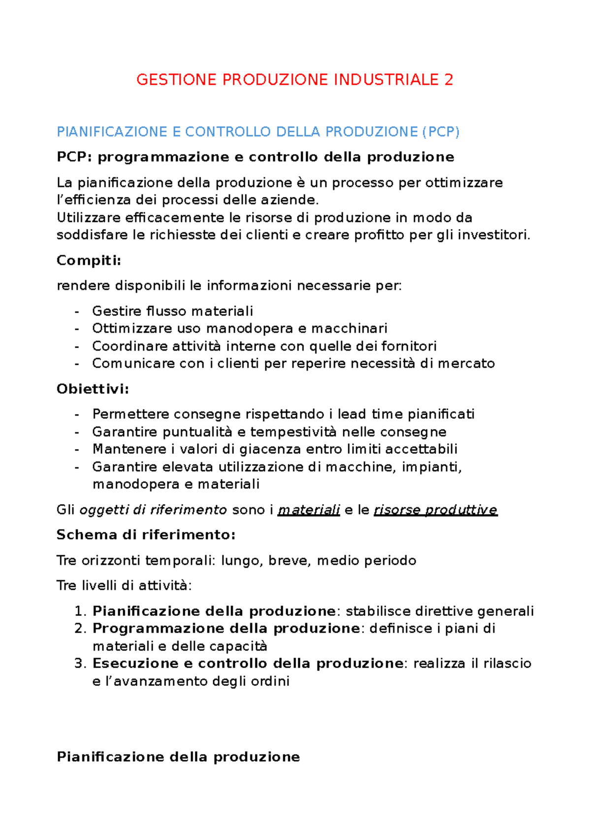 Gestione Produzione Industriale 2: Pianificazione e Controllo della ...