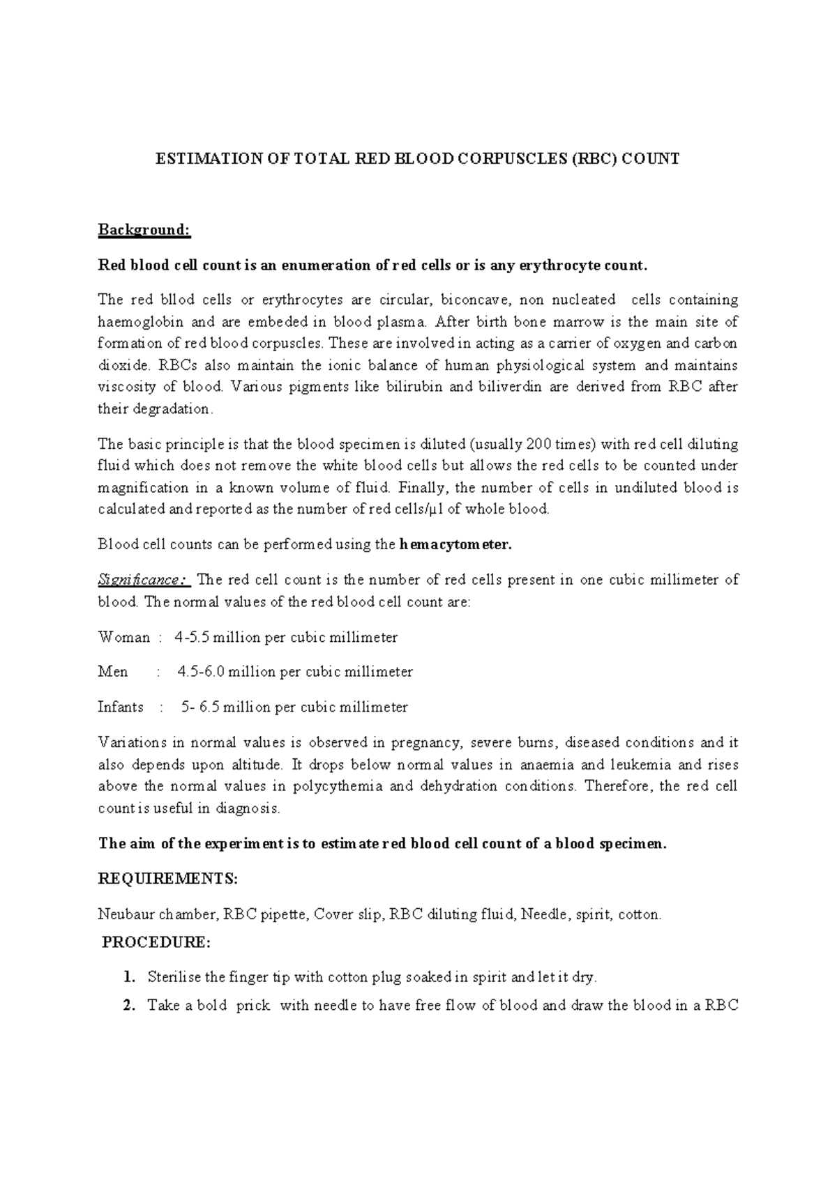 Estimation of Total RBC Count in Blood: Lab Procedure and Analysis ...