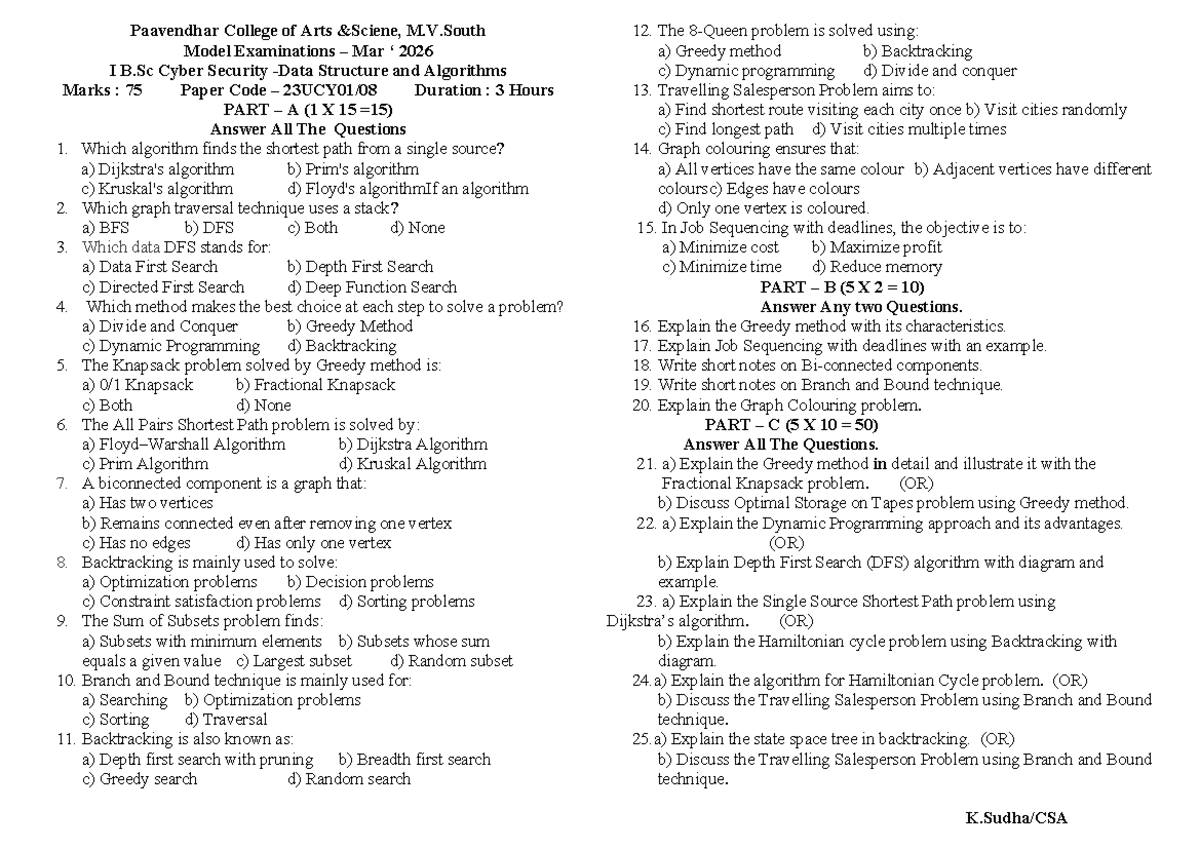M.V.South Model Exam: I B.Sc Cyber Security - Data Structures ...