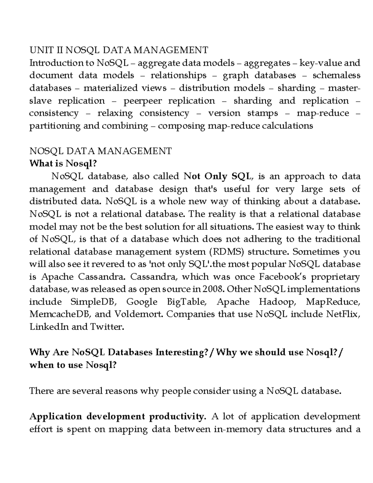 Unit II Introduction to No SQL - UNIT II NOSQL DATA MANAGEMENT ...
