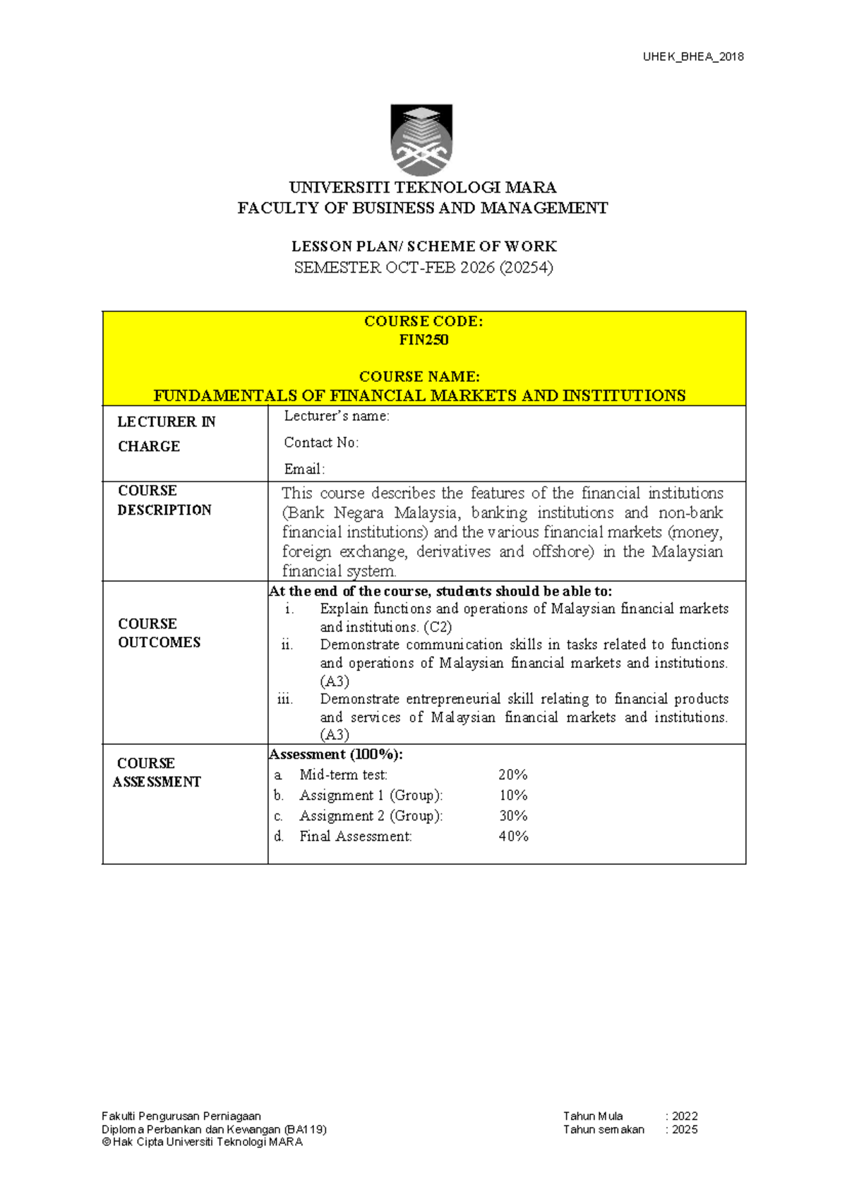 FIN250 Lesson Plan: Fundamentals of Financial Markets (Oct-Feb 2026 ...