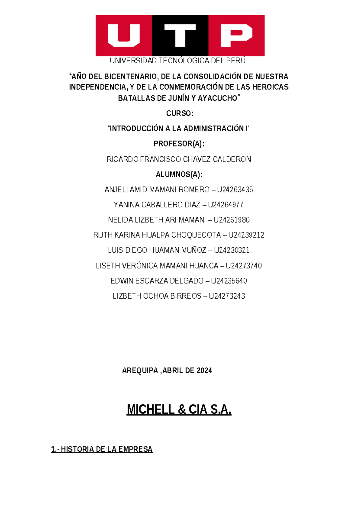 Tarea Academia 1: Introducción a la Administración - Michell & Cia S.A. - Document Preview