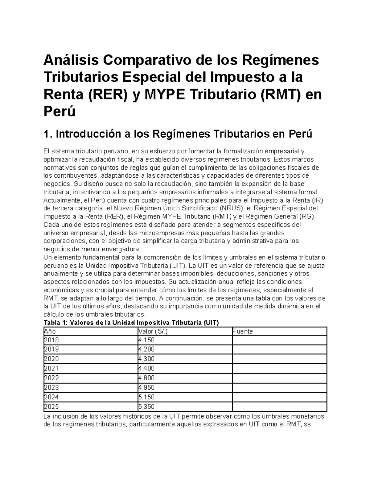 Análisis Comparativo de los Regímenes Tributarios RER y RMT en Perú ...