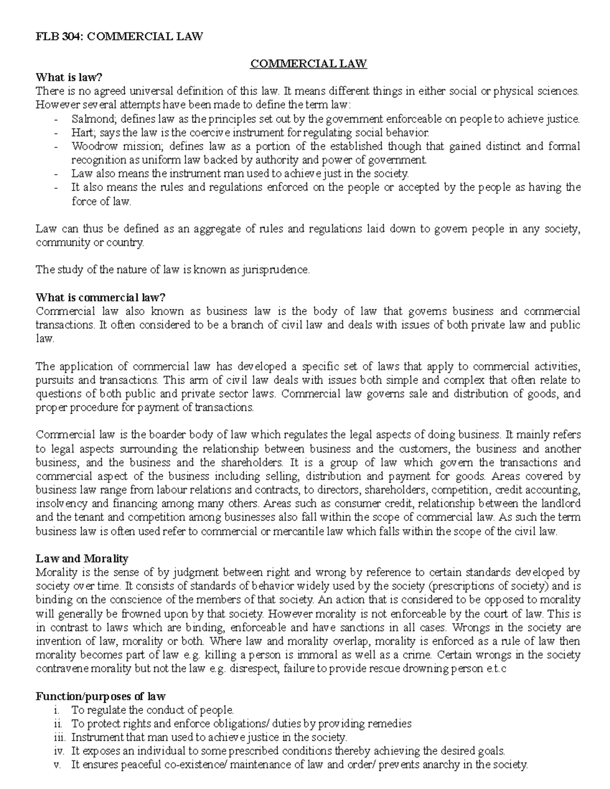 FLB 304: Comprehensive Notes on Commercial Law Concepts - Studocu
