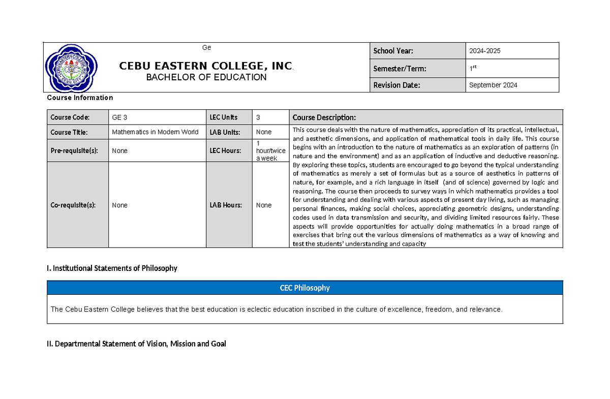 Syllabus- kaye - Course Information Course Code: GE 3 LEC Units 3 ...