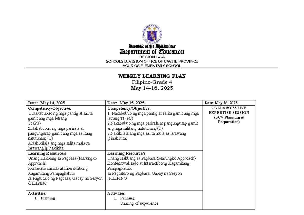 Grade 4 Weekly Learning Plan (NLC WK2) - May 2025 Activities - Studocu