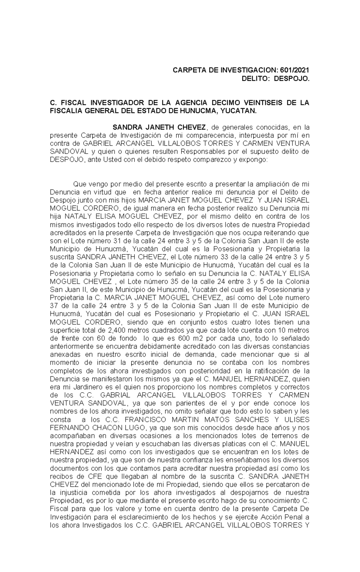 Ampliación de Denuncia por Despojo - Carpeta de Investigación C. Fiscal - Document Preview