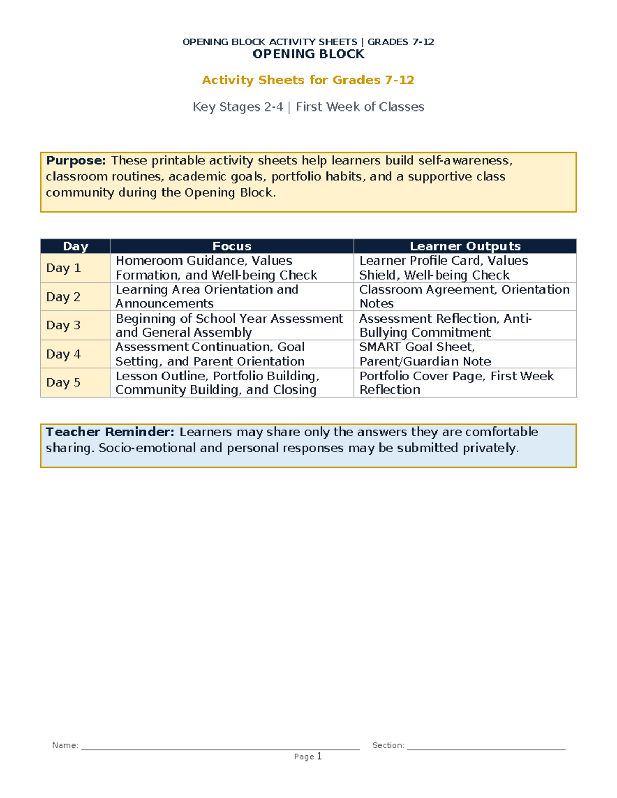 Opening Block Activity Sheets for Grades 7-12: First Week Activities ...