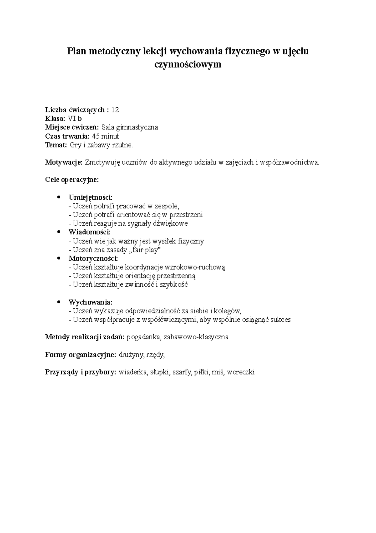 konspekt wf-Gry i zabawy rzutne - Plan metodyczny lekcji wychowania