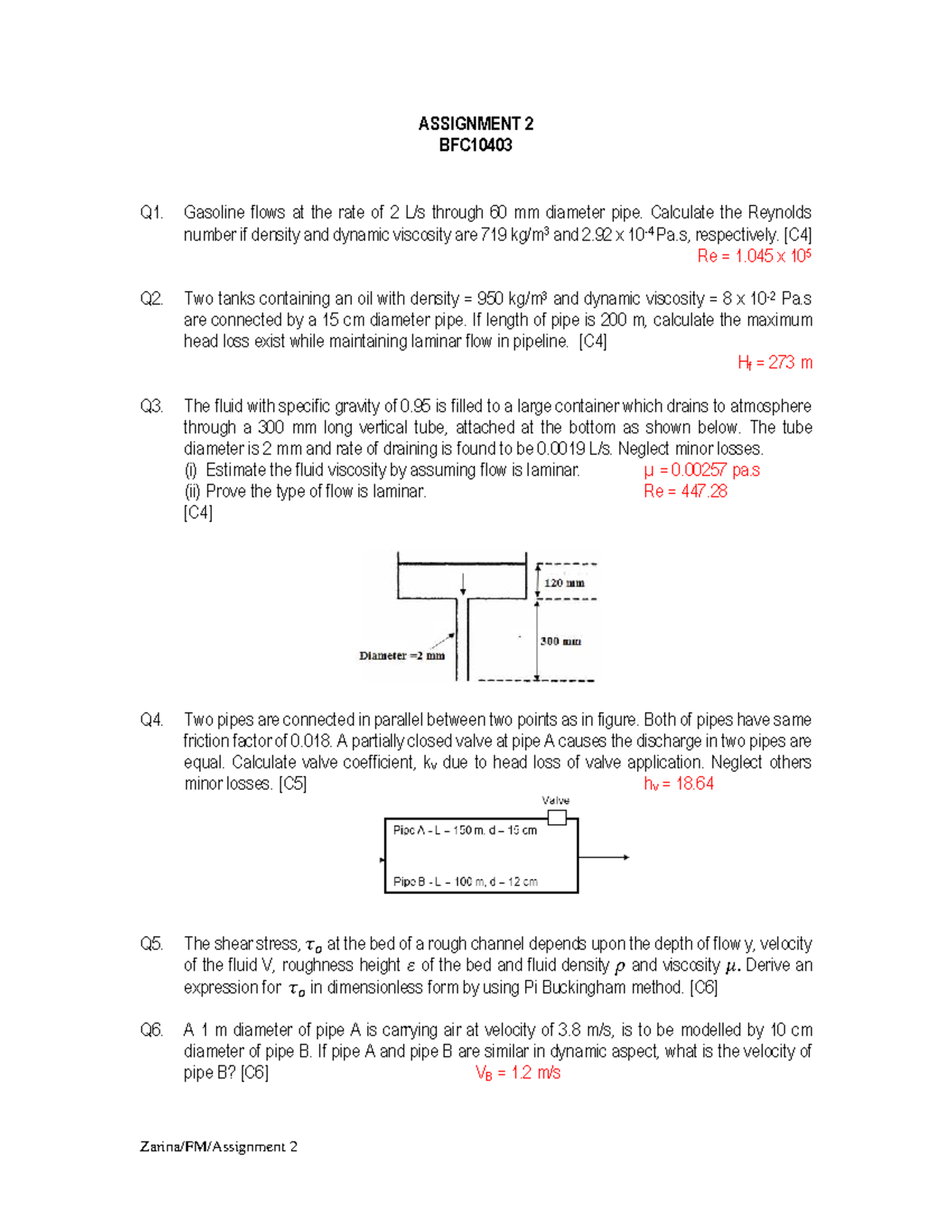 Assignment 2 BFC10403: Fluid Mechanics Calculations and Analysis - Studocu