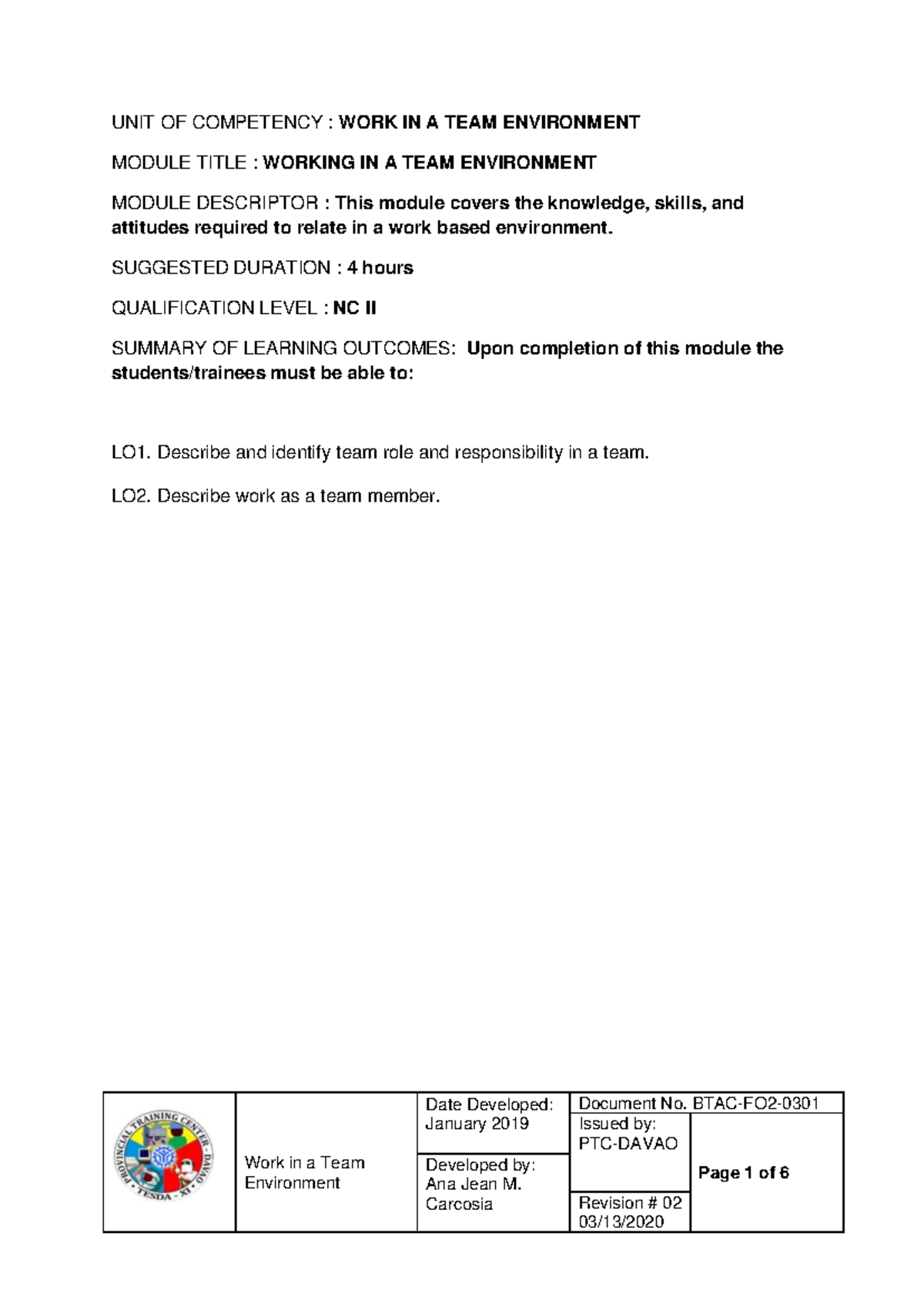 Work in a team environment - Work in a Team Environment Date Developed ...